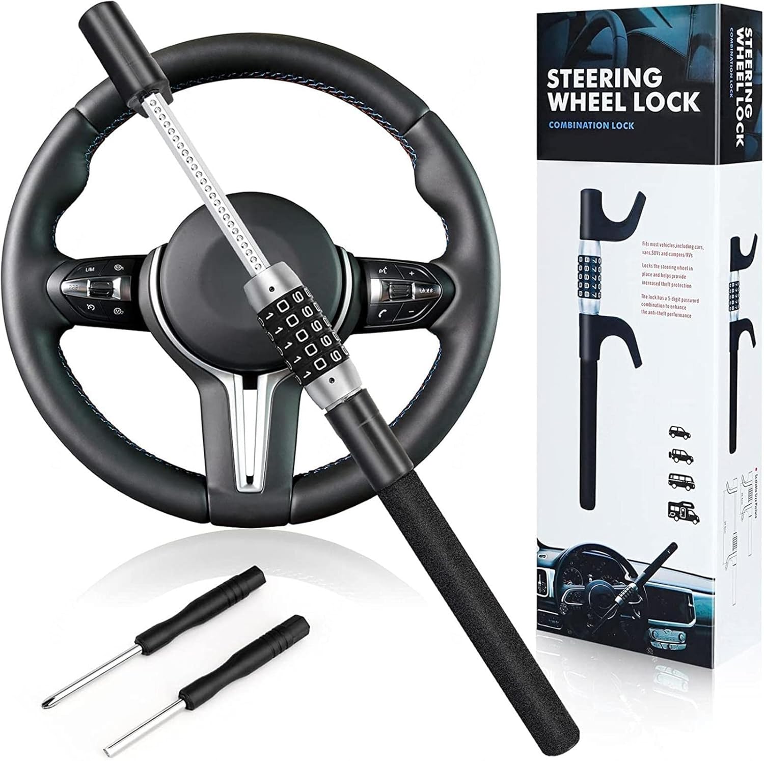 5 Digit Combination Car Steering Wheel Lock, Retractable Keyless Heavy Duty Steering Wheel Lock, Universal Anti-Theft Car Steering Fit for Cars, Trucks, Vans, SUVs