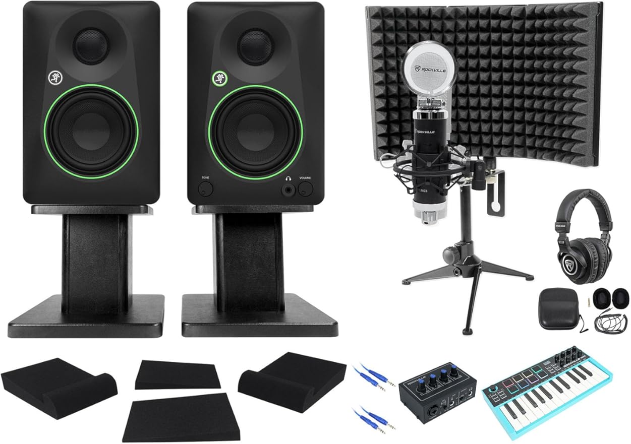 Audiosavings Bundle: Pair of Mackie CR3.5BT Speaker, Rockville RHT8B Stand, RCM PRO Mic, PRO-M50 Headphone, Rock-U MINI Interface, M25 Controller, Mic Shield, RRS190S Pads & RCTR106BL Cable (9 Items)