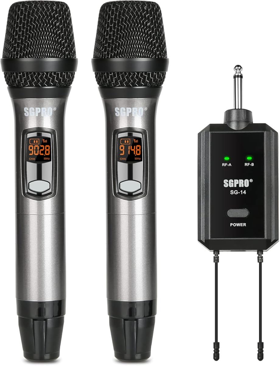 Multiple-Purpose Wireless Microphone Set Compact Receiver Mute Function Battery Indicator for Singing, DJ, Speech, Classroom, Church, Home Karaoke and More (SG-14 | Dual Handheld Set)