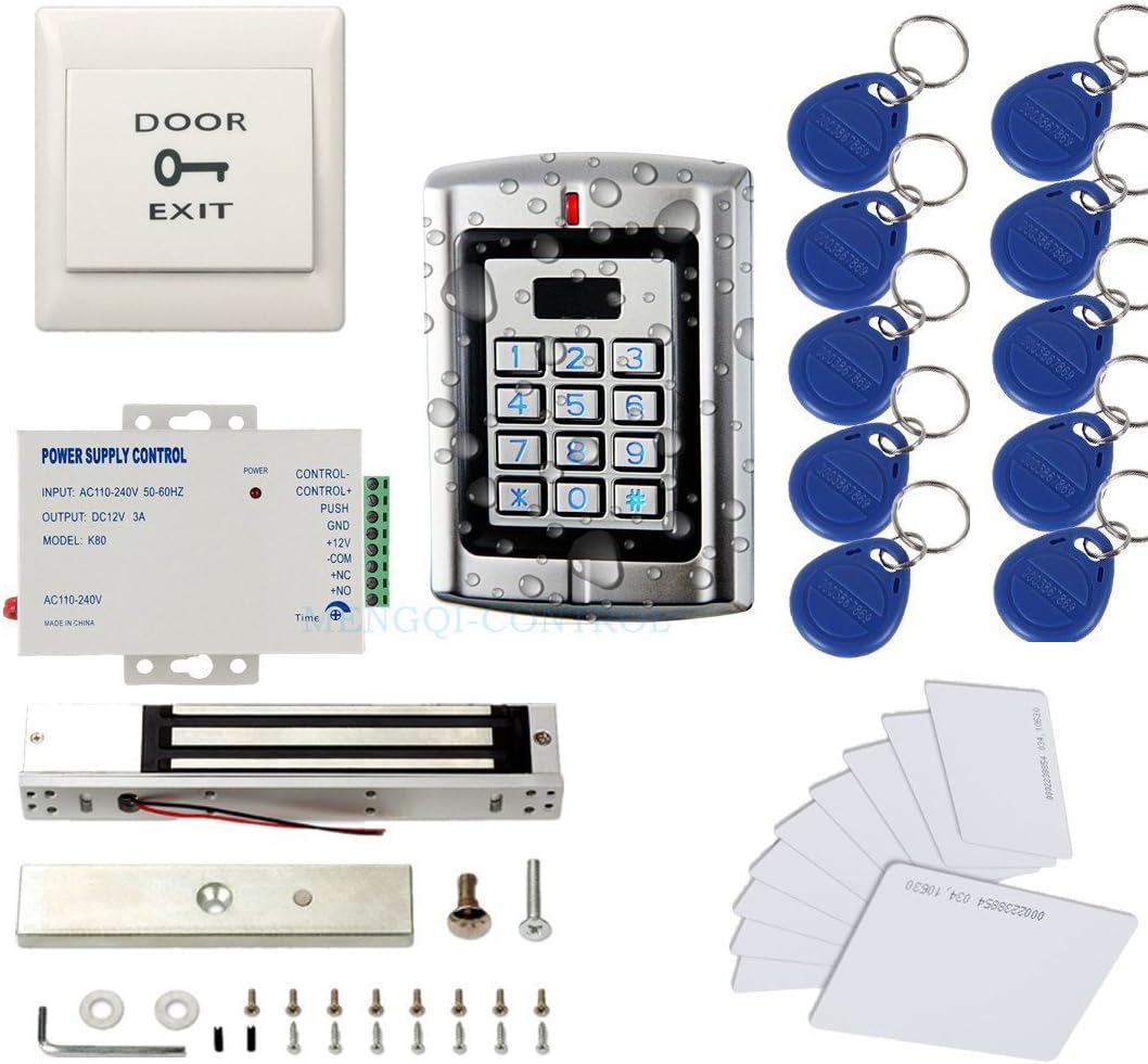 MENGQI-CONTROL Metal Weatherproof Access Control System 600LBS Force Electric Magnetic Lock +110VPower Supply+Exit Button+Cards+Key Fobs