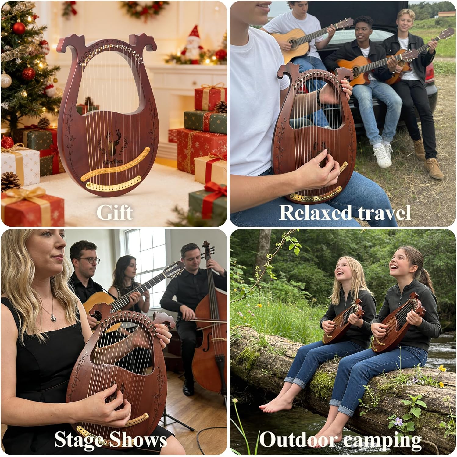 Lyre Harp, 16-String Mahogany Lyra Harp Kit, Stringed Musical Instruments with Tuning Wrench Bag Instructions Extra Strings for Beginners Adults