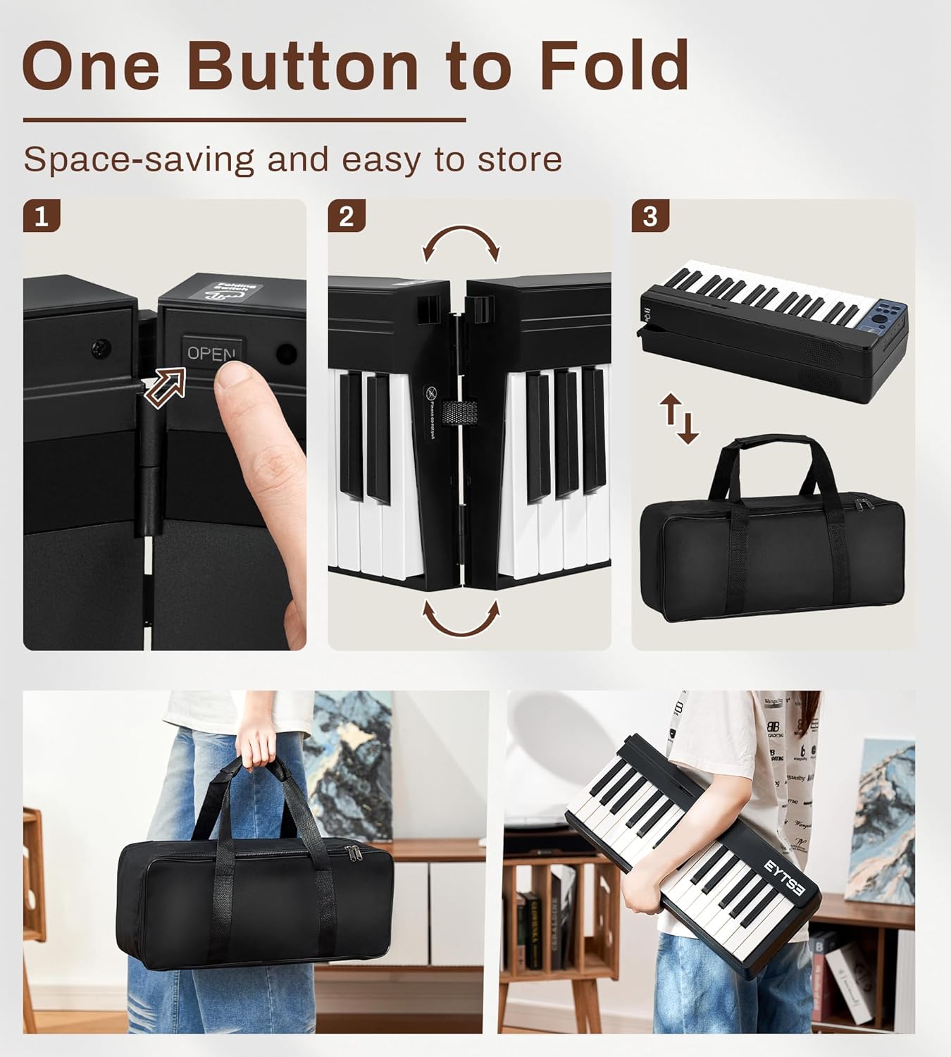 61 Key Folding Piano Keyboard, Semi-Weighted Key Folding Piano, Portable Piano Keyboard, Wireless & MIDI, Foldable Electronic Keyboard Piano for Beginners (Black)