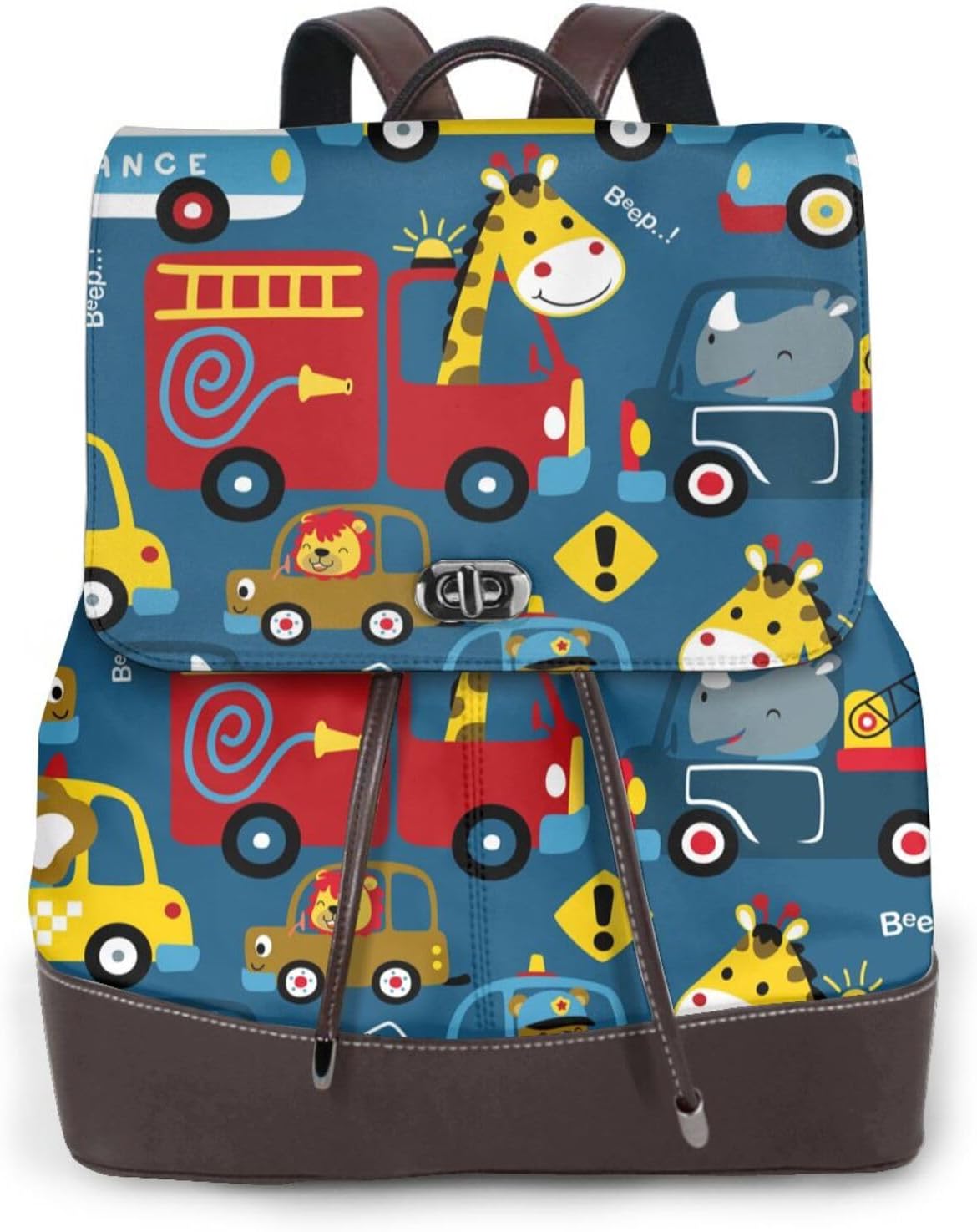 Vehicles Cartoon with Animal Drivers for Womens Backpack Purse Microfiber PU Anti-theft Large Fashion Designer Travel Bag Ladies Shoulder Bags