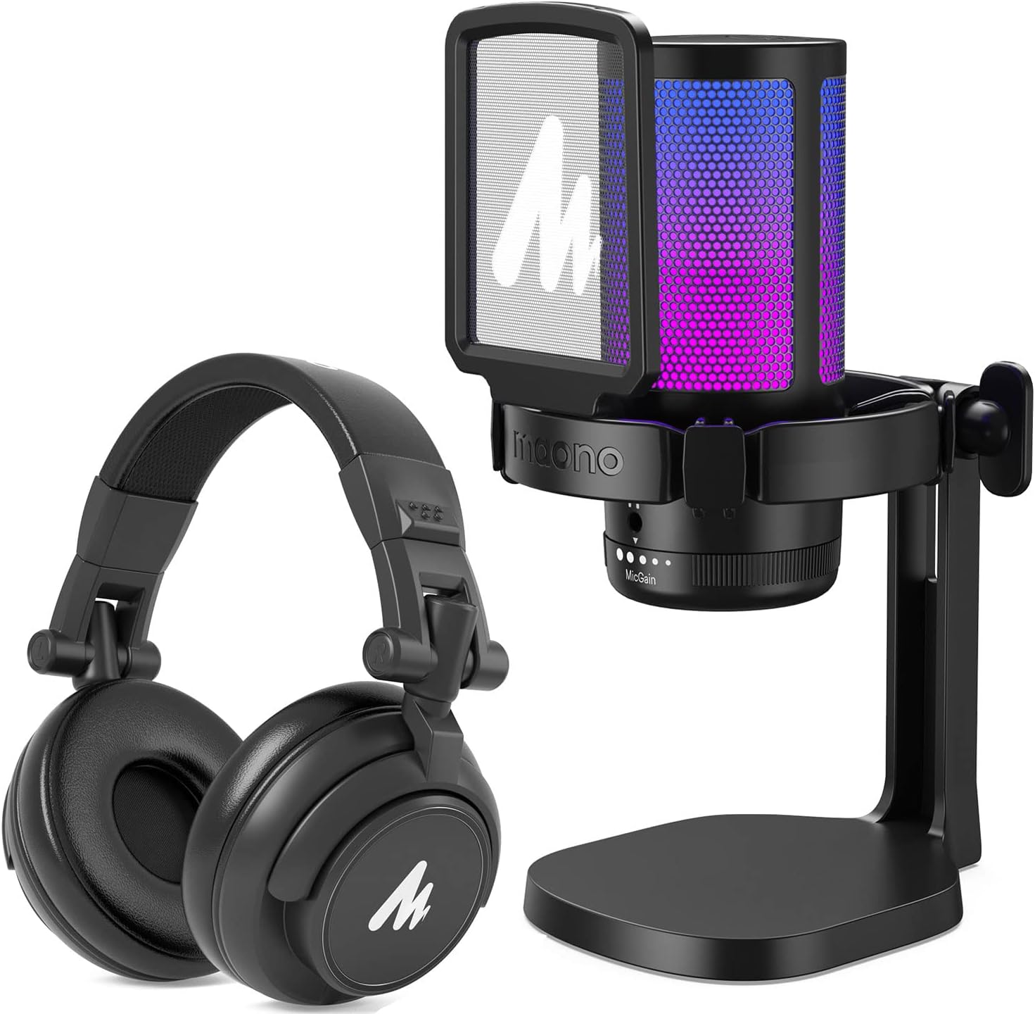 MAONO USB Gaming Microphone with Headphones, PC Computer Condenser mic with Noise Cancellation, RGB Lights, Mute for Streaming, Recording, Podcast, Chat, Twitch, YouTube, Discord, GamerWave, MH601