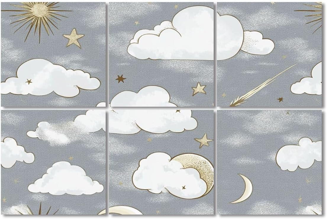 6 Pack Art Acoustic Panels Sound Absorbing Light Grey Clouds Stars Moon Sunburst Shooting Star Soft Colors Decorative Soundproof Wall Panels Self Adhesive for Recording Studios Office 72