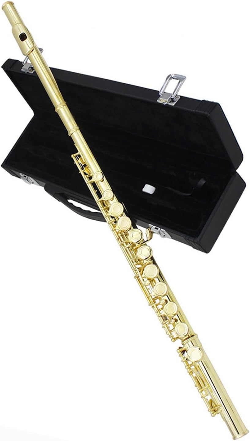 Flute Golden 16 Holes C Tone Flute with E Key Woodwind Instrument Closed Hole Gold-Plated Keys Cupronickel Tube Flutes Musical Instruments