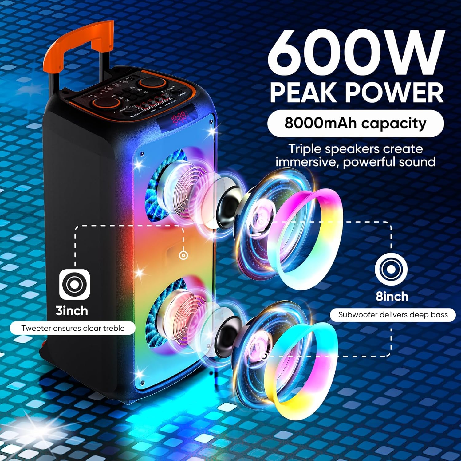 Karaoke Machine for Adults, Portable PA System Karaoke Machine Party Speaker with 2 Microphones, Supporting TF/USB/AUX, TWS & LED Mode (Black)