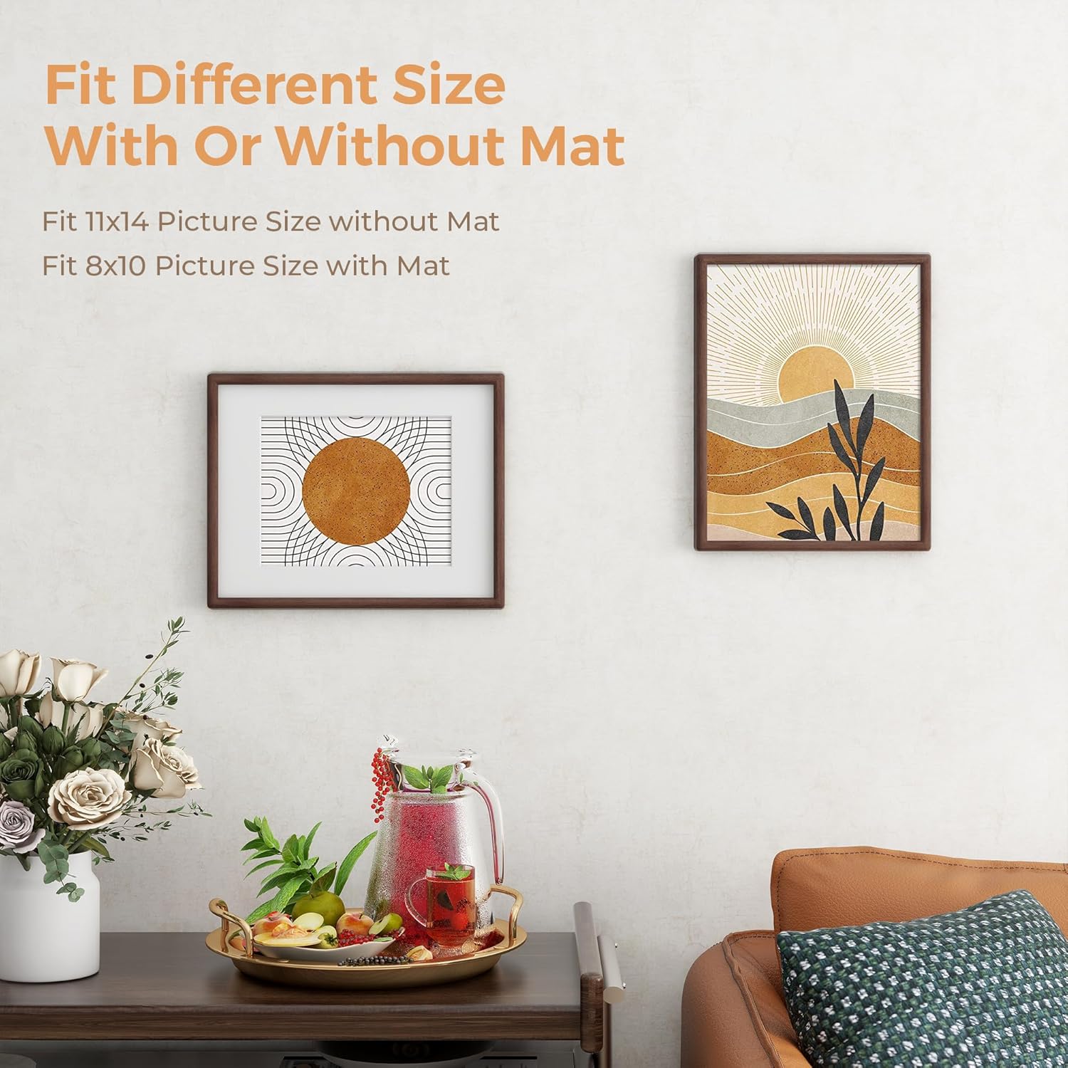 Axeman 11 x 14 Walnut Frame Set of 3 - Rounded Corner 11x14 Picture Frame Matted to 8x10 - Natural Walnut Wood 14x11 Photo Frame with Tempered Glass for Wall Mount Display