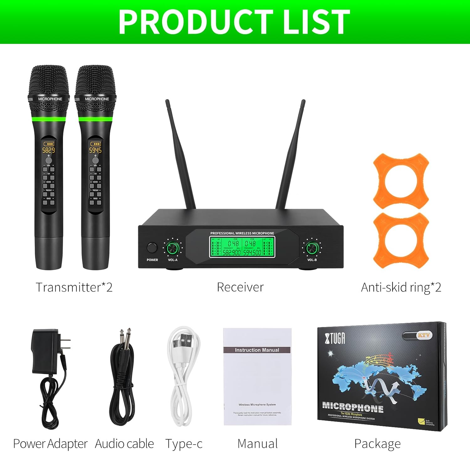 XTUGA Wireless Microphone System 50 Frequencies Rechargable Dual Mental Cordless Dynamic Microphone Set, 290ft, Echo,Treble,Bass for DJ/Church/Karaoke/Wedding/Party Home KTV Set