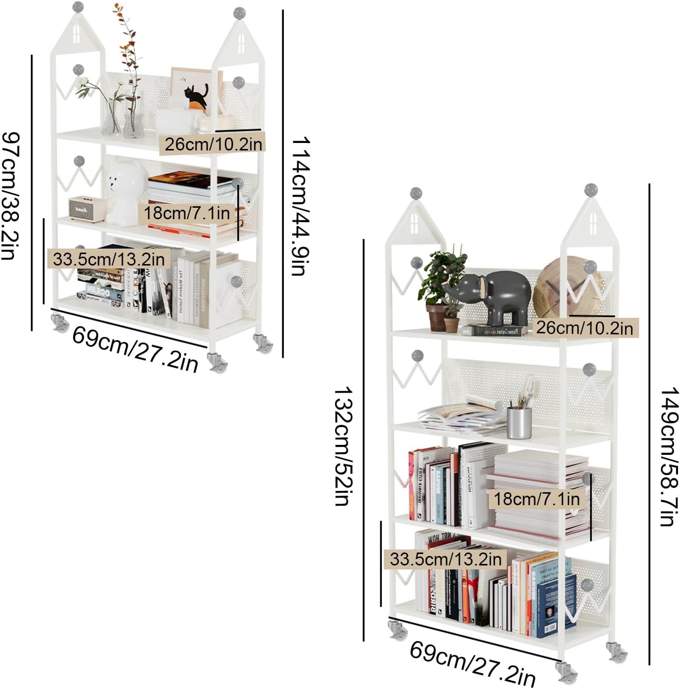 Metal Bookshelf with 360°Rotation Wheels, Creative Library Cart, Floor Standing Bookcase, Open Vertical Iron Art Storage Display Rack for Home Office Living Room(Black,114cm/44.9in)