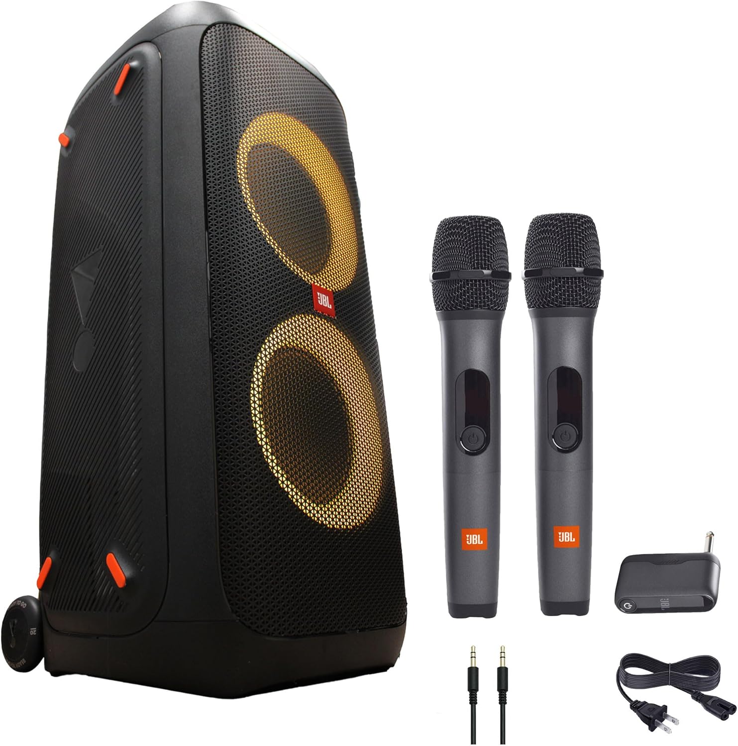 JBL PartyBox 310 Portable Bluetooth Speaker with Lights (JBLPARTYBOX310AM) + Wireless Two Microphone System with Receiver + AUX Cable + Microfiber Cloth