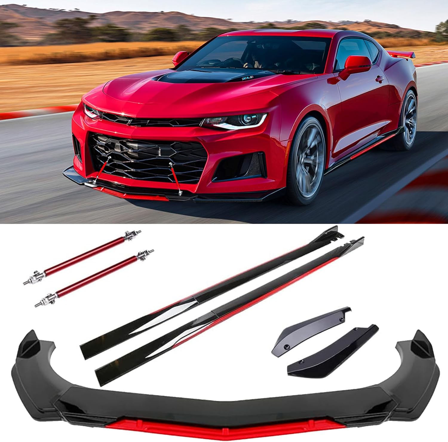 Glossy Black&Red Universal Front Bumper Lip Spoiler Diffuser Body Kits + Red Adjustable Support Splitter Rod +Glossy Black&Red Car Side Skirt + Rear Bumper Lip Fit for Most Vehicles