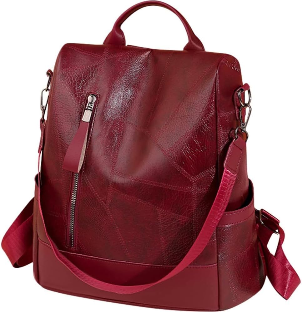 Anti-Theft Genuine Leather Backpack, Women's Waterproof Daypack, Black Shoulder Bag for Work and Leisure (Red)