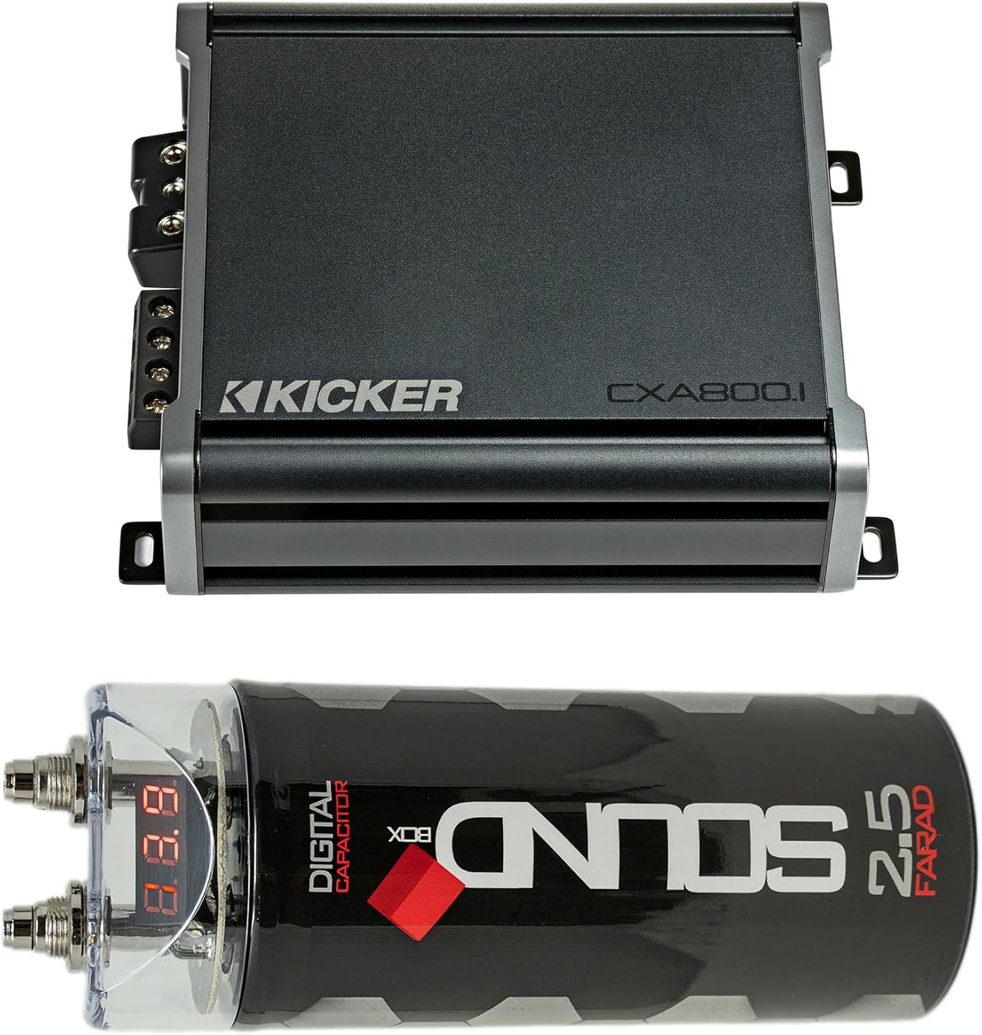 Kicker 46CXA8001 800W CX Series Mono Class D Subwoofer Amplifier + SoundBox SCAP2D 2.5F Digital Capacitor Bundle – One‑Ohm Stable, Variable 12dB Crossover, KickEQ Bass Boost, 2500W Peak