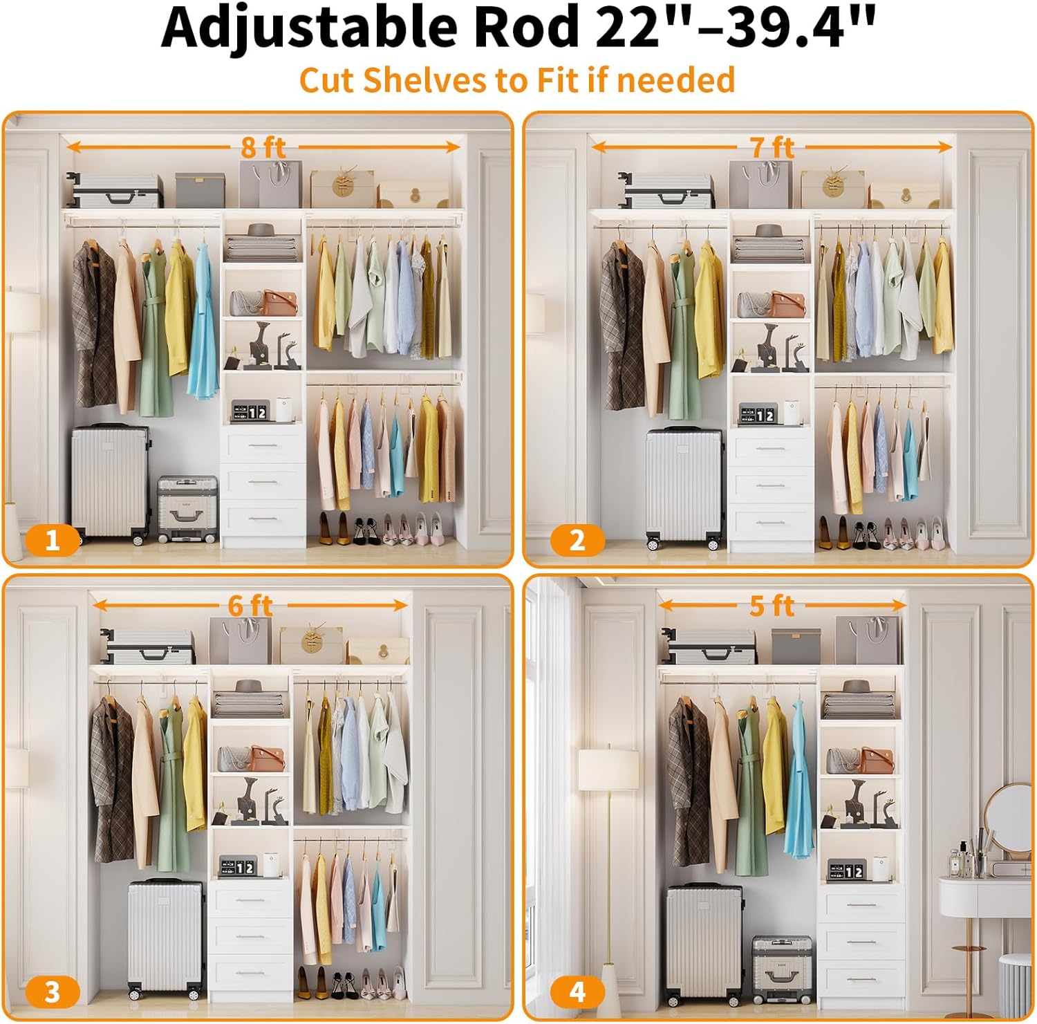 Closet System with Drawers, 5FT-8FT Closet Organizer System 96