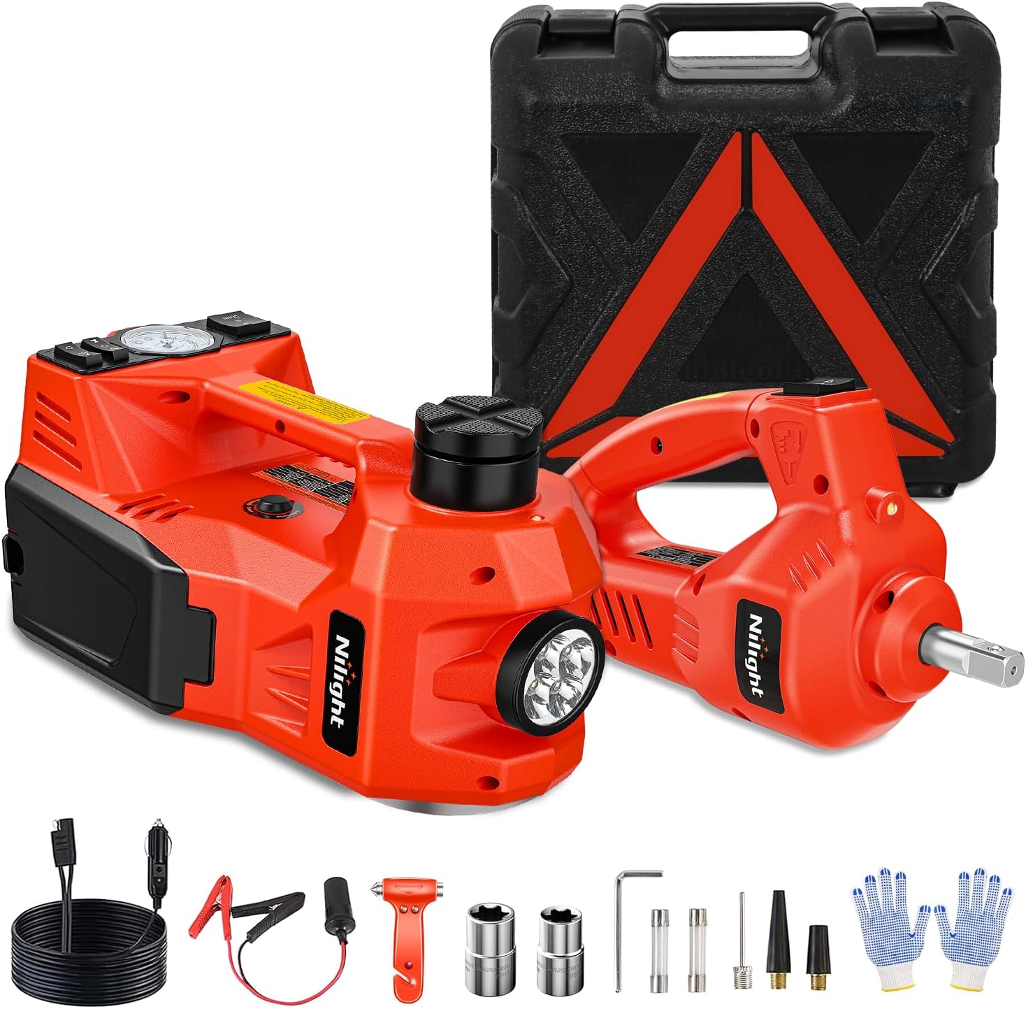 Nilight Electric Car Jack Kit 5 Ton 12V Hydraulic Car Jack with Impact Wrench, 3 in 1 Portable Electric Floor Jack with Tire Inflator Pump LED Light for Sedan SUV Truck Change Tire Garage Repair