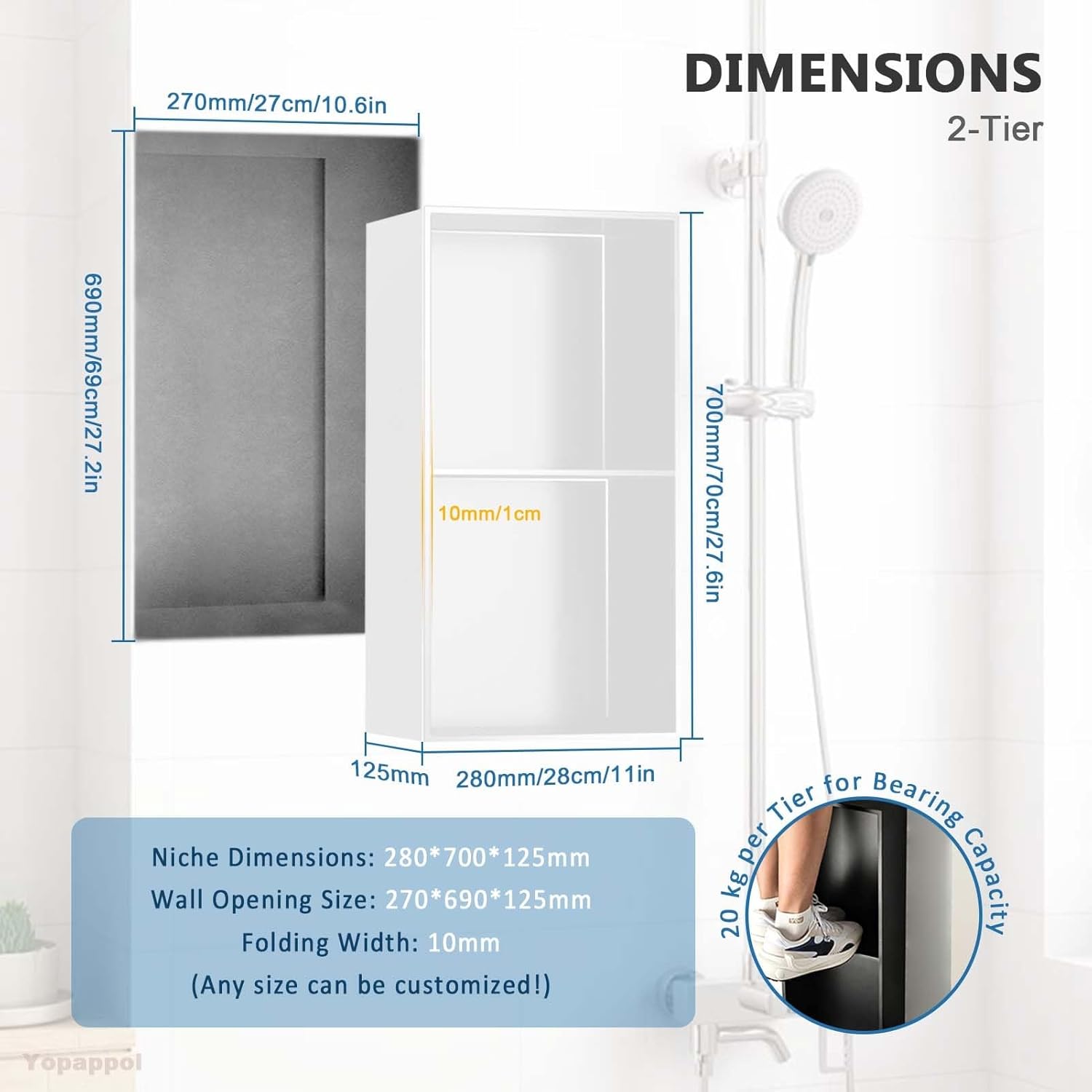 Shower Recessed Shelf 304 Stainless Steel, Waterproof Bathroom Niche Tile Ready Organizer Shelf, Wall Mount Bathroom Shower Storage(70cmx28cmx12.5cm)