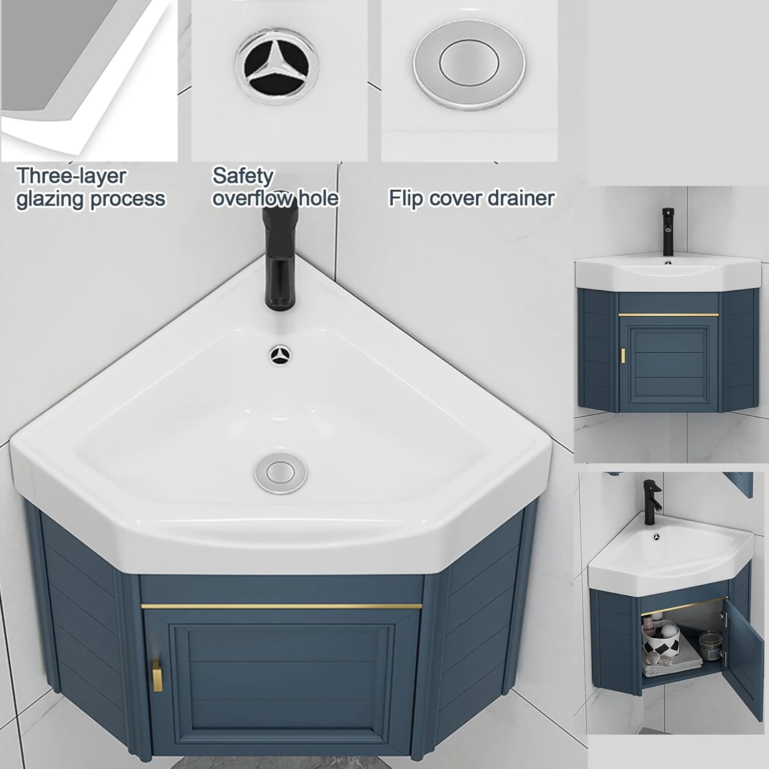 Small Corner Bathroom Vanity Vessel Cabinet Sink Combo Wall Mount Triangle Ceramic Counter Sinks with Hot and Cold Faucet and Overflow Utility Washing Hand Basin for Laundry Room Kitchen Patio ( Size