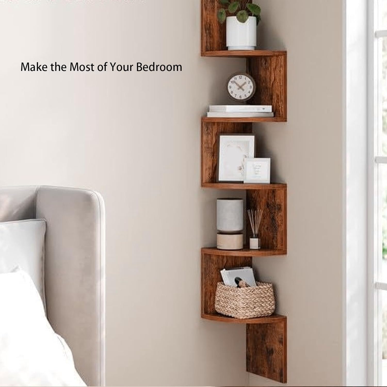 Asixxsix Corner Shelf Wall Mount, 6 Square Board, 5 Arc Board Easy to Clean Corner Shelf Space Maximization Wood Floating Corner Shelves for Bedroom Living Room Bathroom Kitchen