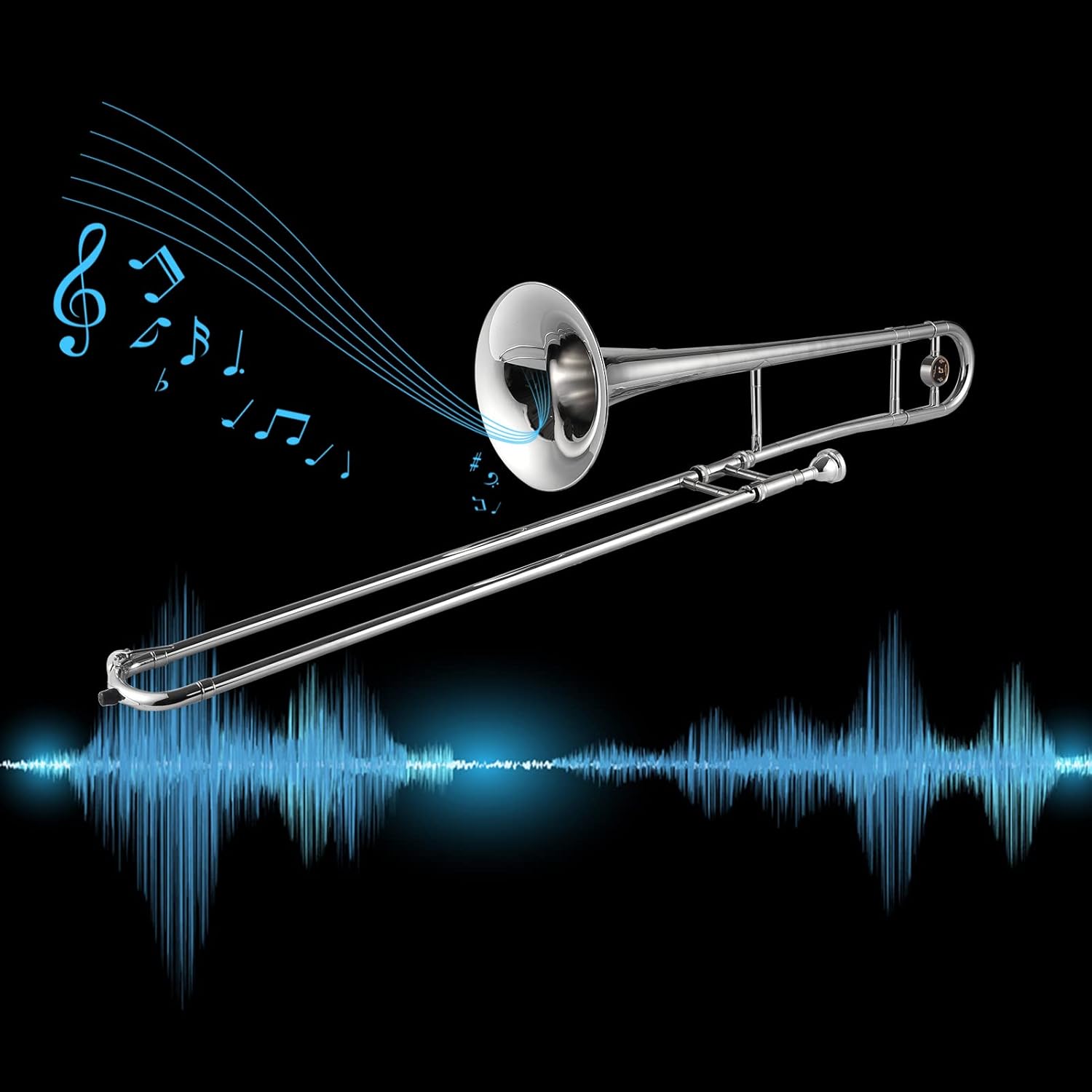 Trumpet Alto Trombone Brass Bb Tone B Flat Woodwind Instrument with Cupronickel Mouthpiece Cleaning Stick Case (Silver) (silver)