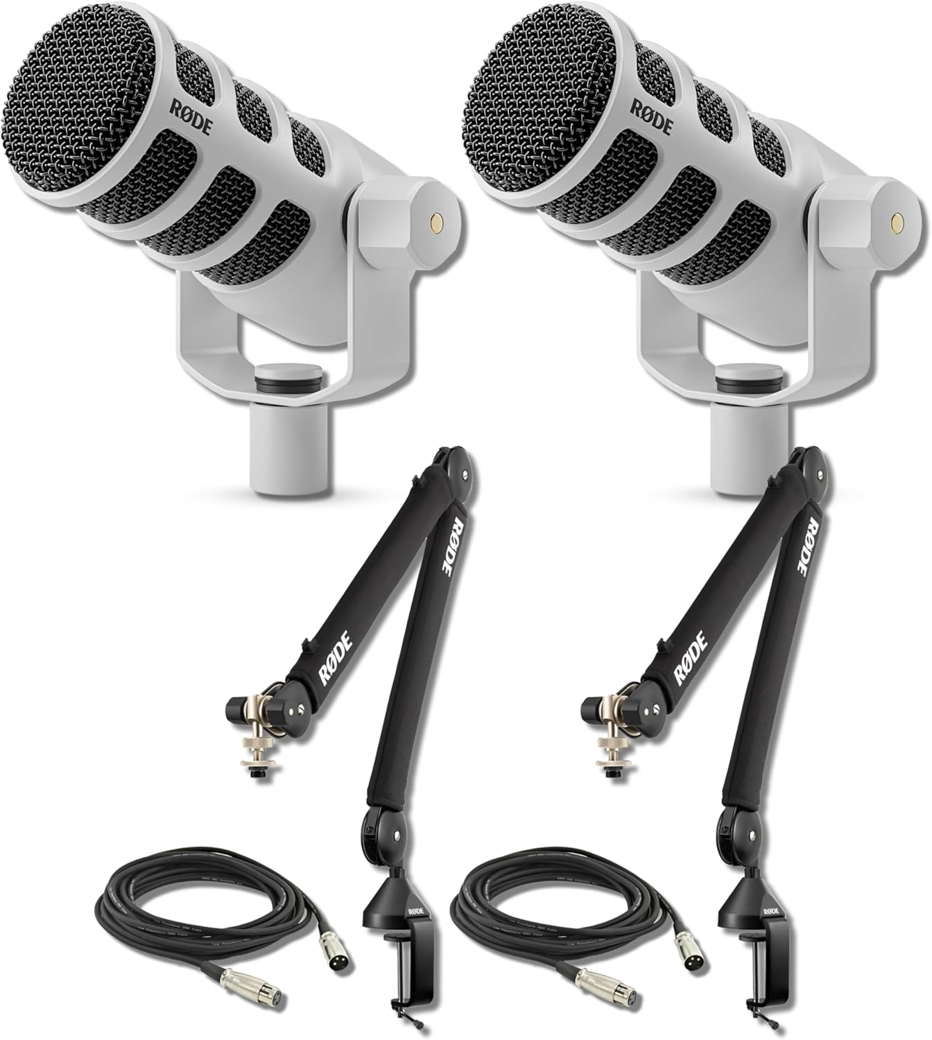 Rode PodMic White (Pair) Cardioid Dynamic Broadcast Microphones with 2X PSA1+ Broadcast Microphone Boom Arms and 2X XLR Cables