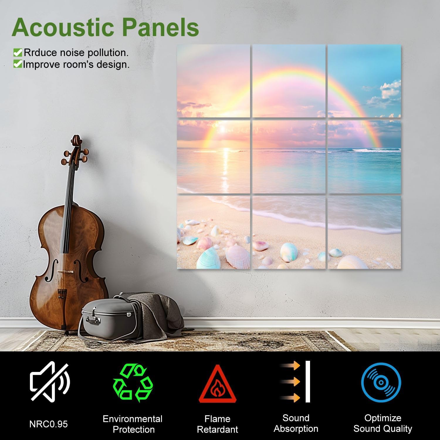 Art Acoustic Panels Self Adhesive Rejuvenating Beach Sunrise Crystal Pastel Pebbles 9 Packs Decorative Soundproof Wall Panels Large Sound Absorbing Panels for Home Office 60