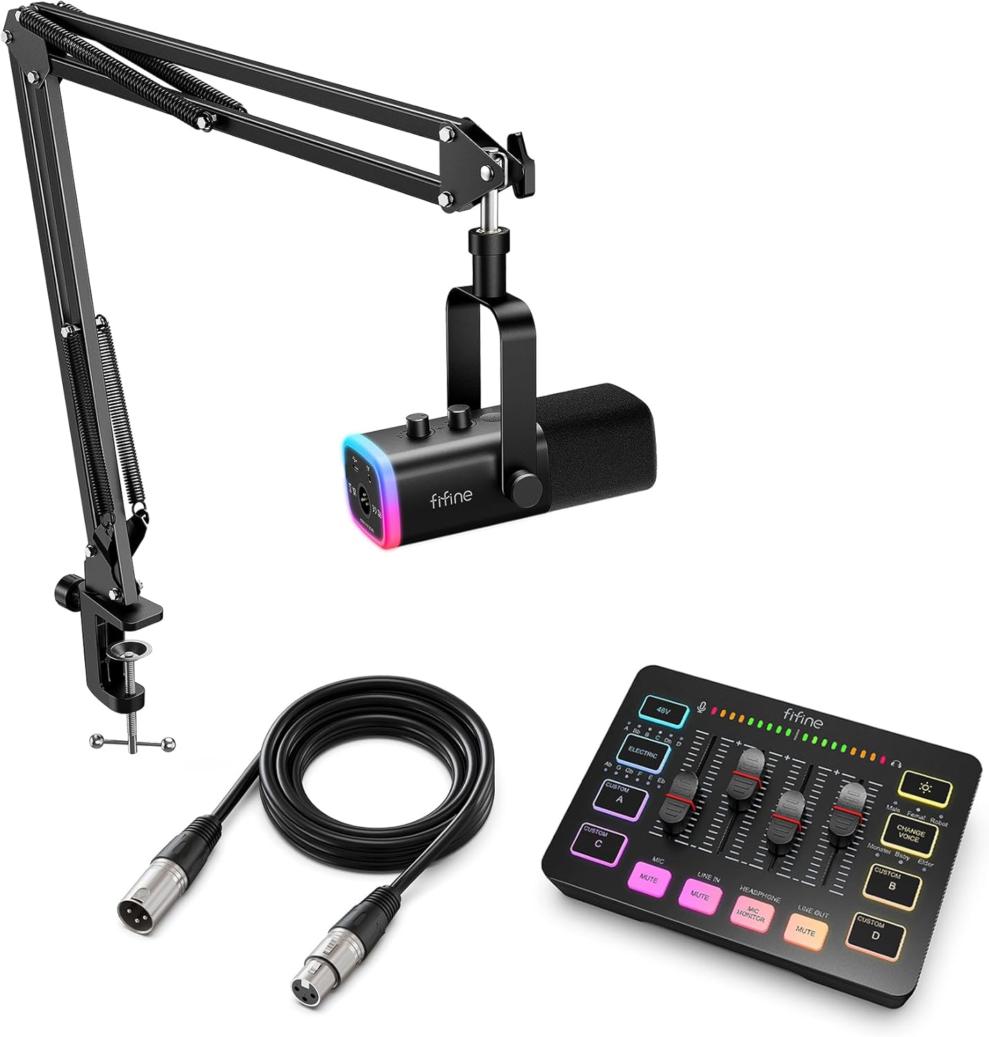 FIFINE Gaming Streaming Bundle with XLR Microphone Kit, PC Mixer, XLR Cable 10ft, Dynamic Mic with Gain Knob, Mute Button, RGB Audio Mixer Set with Individual Control, Volume Fader for Vocal Recording