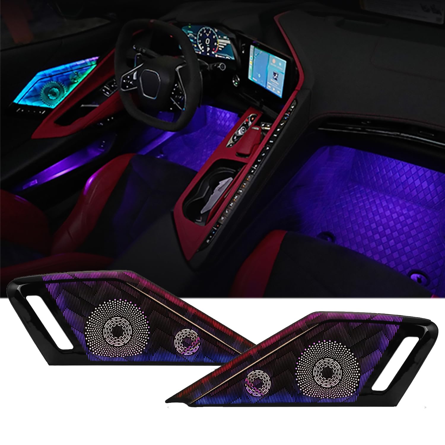 Door Speaker Relays Cover with LED RGB Ambient Light,Atmosphere Door Storage Box Lamps Foot Lights for Corvette C8 Stingray Z51 2020+ for Z06/E-ray 2023+,Voice APP Button Switch