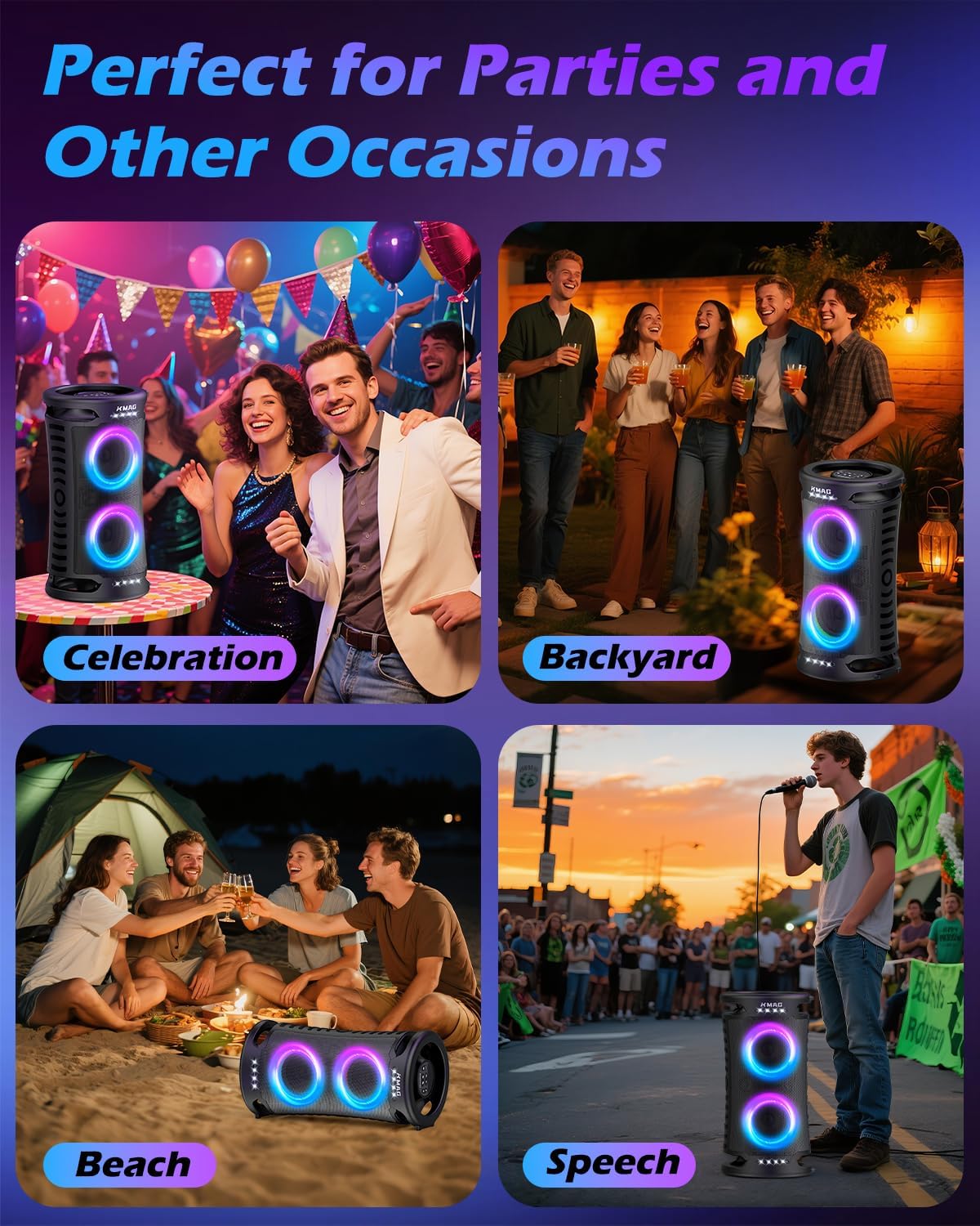 Large Bluetooth Speaker, 260W Peak Powerful Loud Sound with Deep Bass, 15Hr Playtime, Fast Charge, TWS, Cool Lights, Portable Outdoor Speaker Wireless for Party, Camping, Beach, Backyard, Home, Work