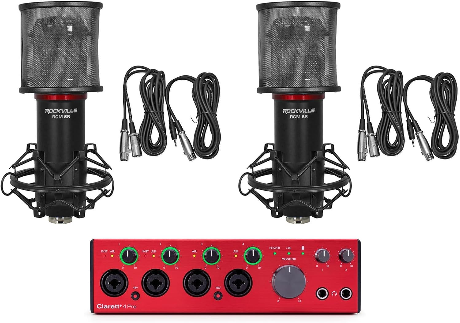 Audiosavings Bundle: Focusrite Clarett+ 4Pre USB-C Audio Recording Interface, 4 Mic Preamps/JFET Bundle with (2) Rockville RCM SR Studio/Recording Condenser Microphone (3 Items)