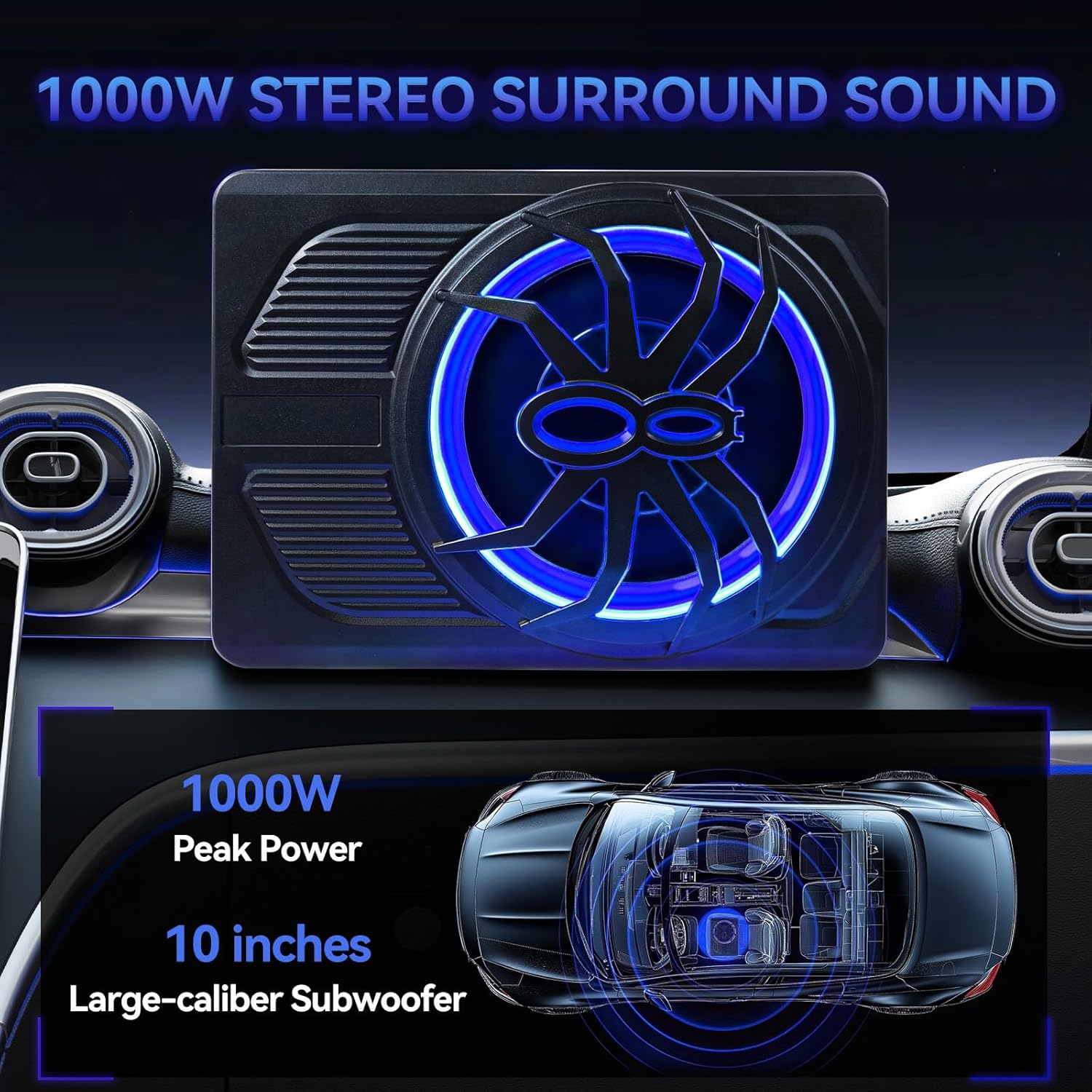 Andeman 1000W Car Subwoofer, 10'' Slim Under Seat Powered Car Subwoofer w/Built-in Amplifier & Hi/Lo Input, Bass Speaker Subwoofer with Blue LED Light, Individual Control, for Car/Truck/SUV/Jeep/MPV