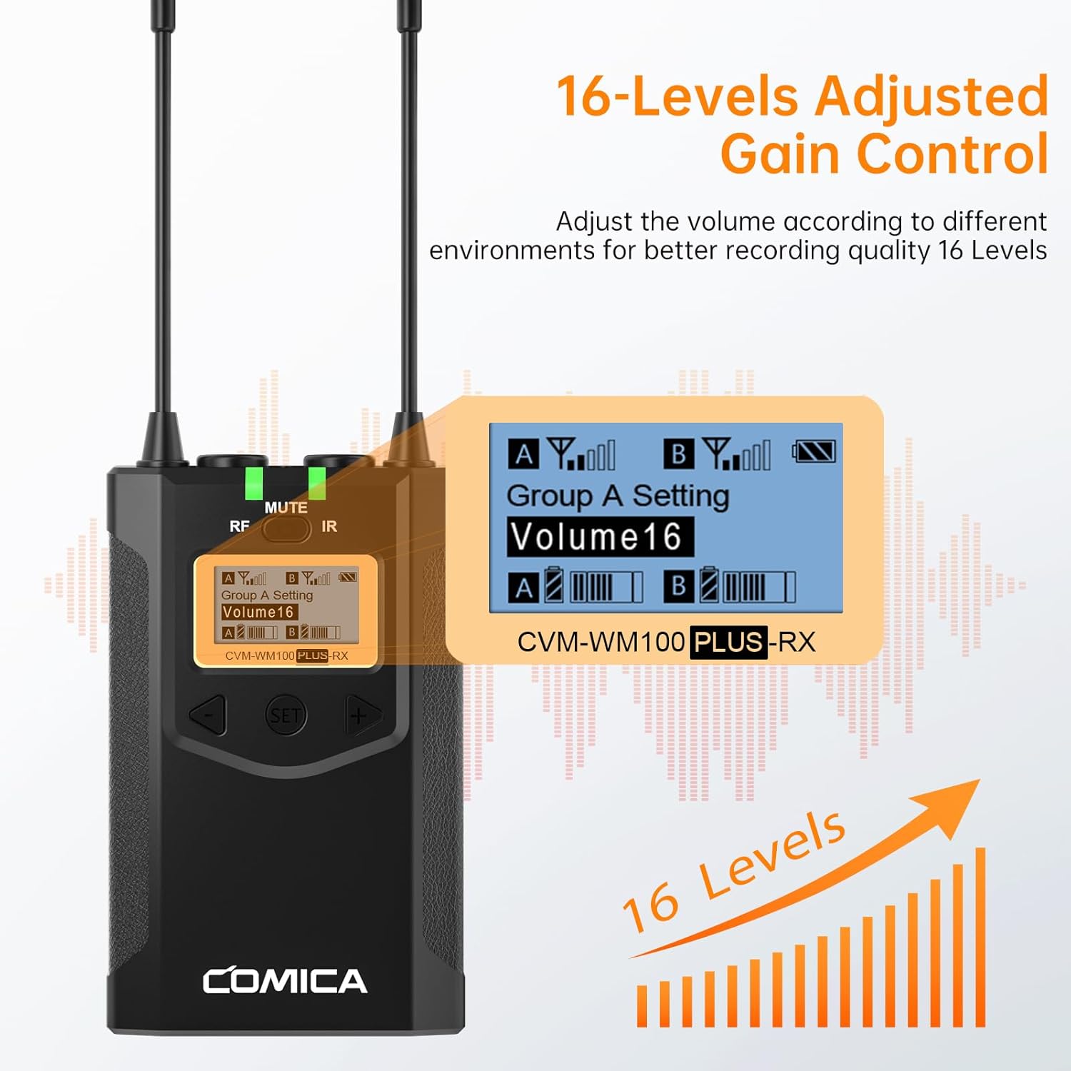 Comica CVM-WM100PLUS - Wireless Microphone System for Cameras, Camcorders, Smartphones, Laptops, Professional UHF Wireless Lavalier Lapel Microphone with Dual-Channel Recording, AA Batteries