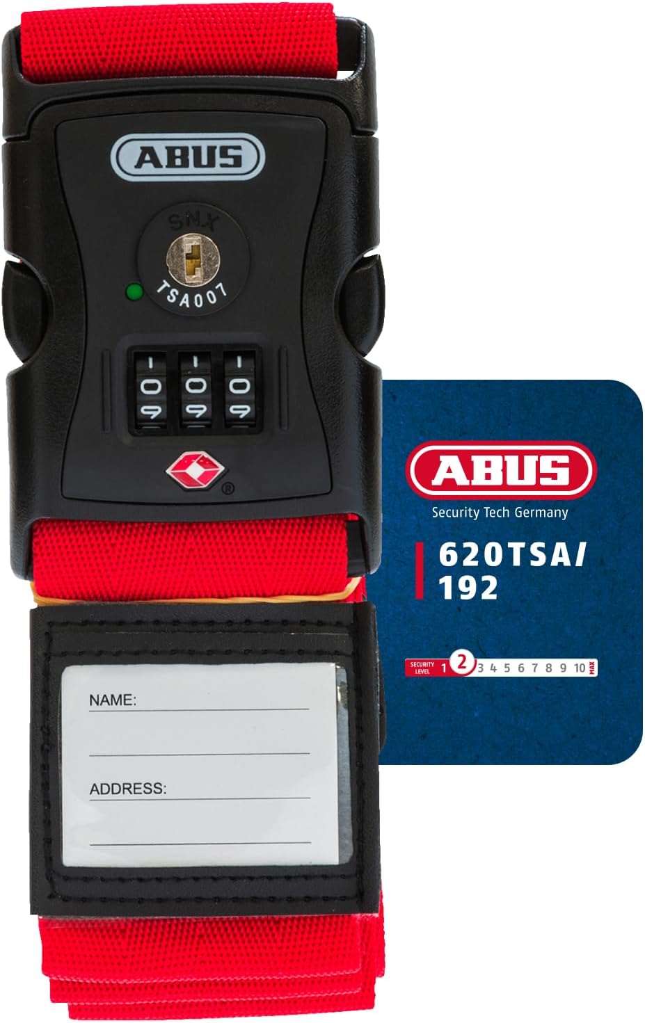ABUS Luggage Strap with TSA Lock 620TSA/192 - Luggage Strap with 3-Digit Numerical Code - Name tag Included - red