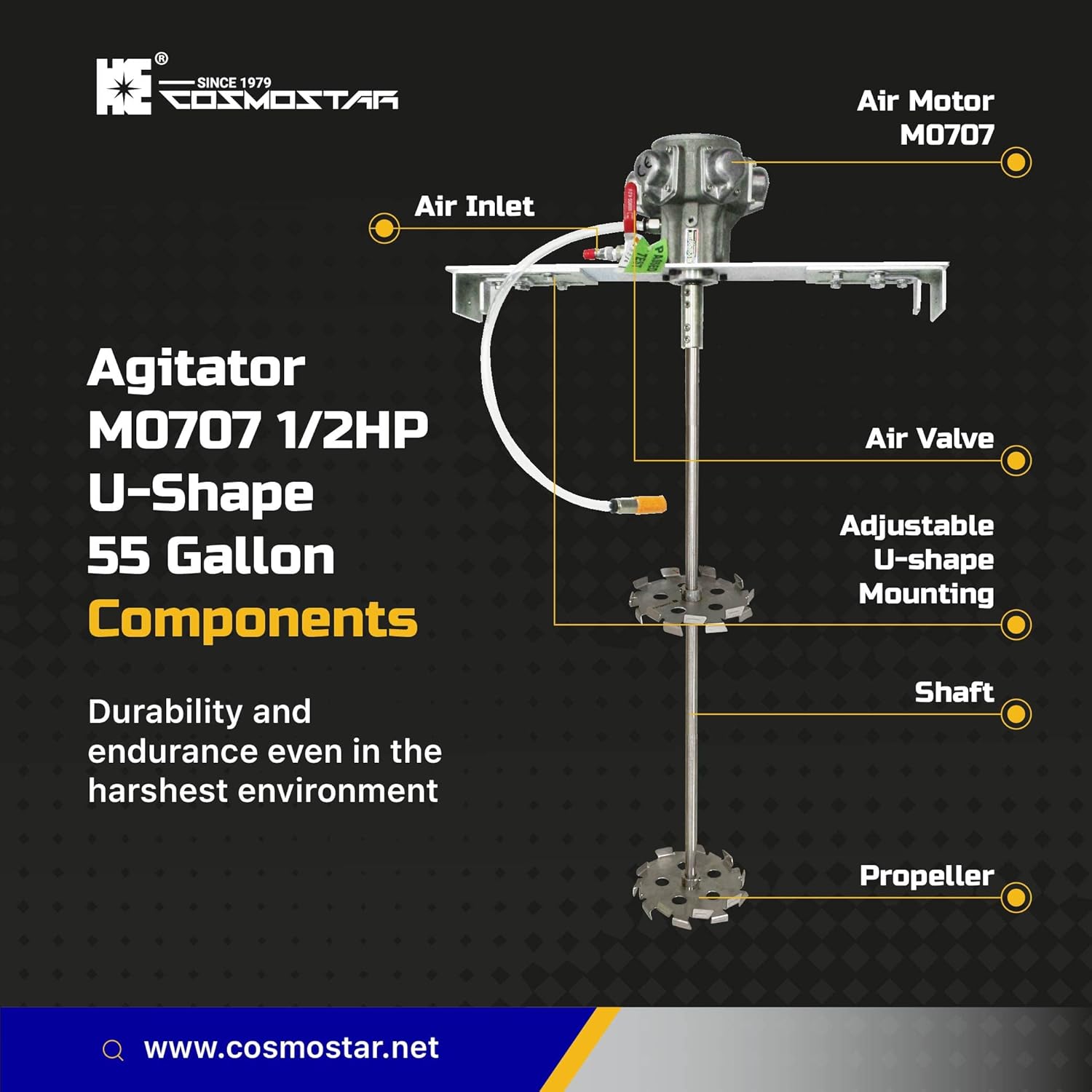 COSMOSTAR 1/2HP 55 Gallon Pneumatic 55 Gallon Agitator Adjustable Drum Bucket Paint Mixer| Pneumatic Bracket Mixer, Paint Stirring Machine Bracket Air Agitator Paint Mix Tool, Tank Barrel Air Mixer