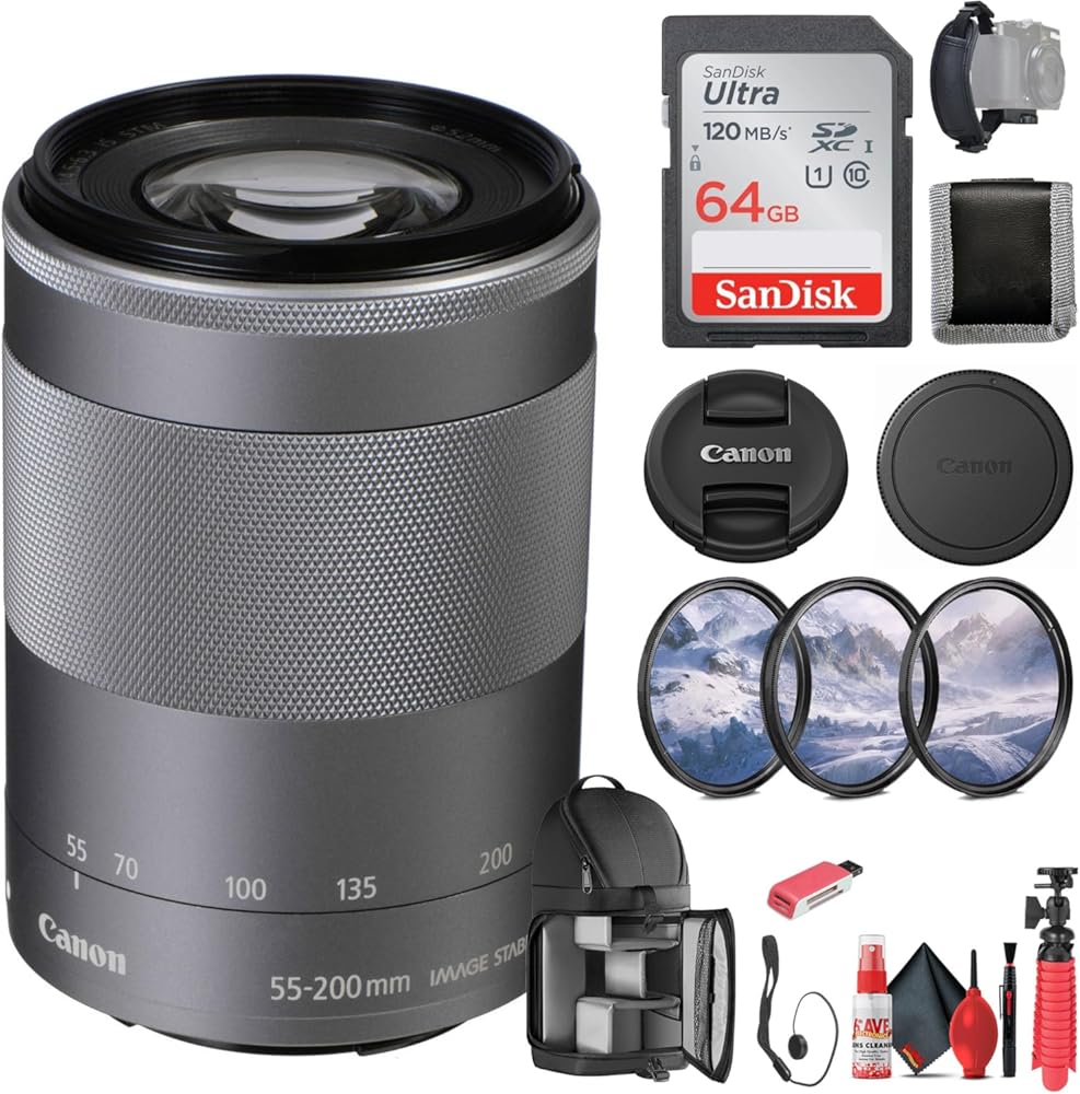 Canon EF-M 55-200mm f/4.5-6.3 is STM Lens (Silver) (1122C002) + 64GB Memory Card + Filter Kit + Backpack + Card Reader + Flex Tripod + Memory Wallet + Cap Keeper + Cleaning Kit + Hand Strap (Renewed)