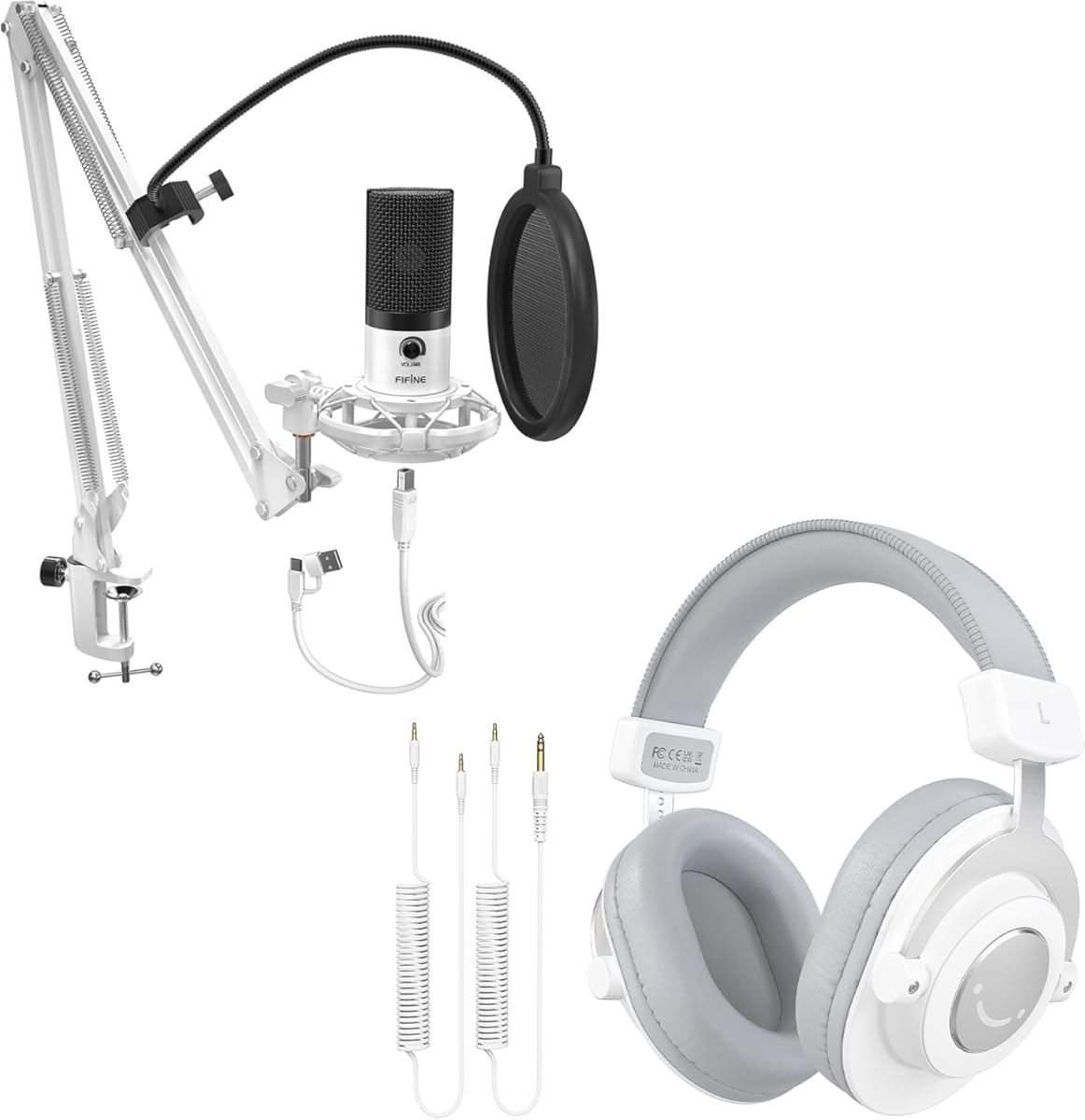 FIFINE Recording Condenser Microphone Kit with Wired Headphones, Studio Podcast Mic with Boom Arm, Gain Knob, Pop Filter, Over-Ear Headphones for Vocal, Music Creation, Singing (T669+H8 White)