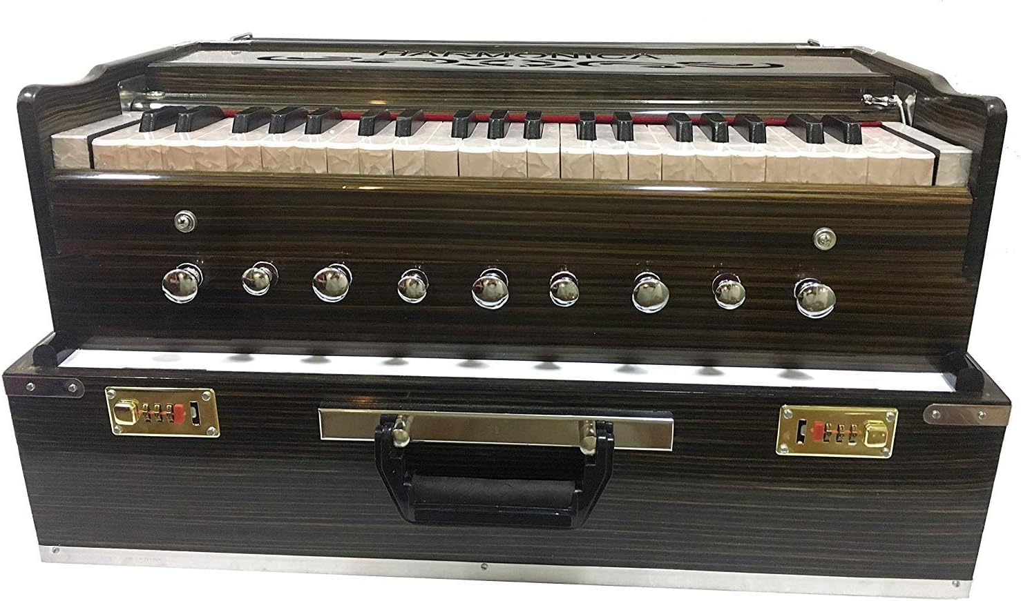 Indian Music Instrument 9 Stoppers Portable Harmonium with Chudidaar Bellow 42 Button 2 Reed Bass Male Reverse Backward Coupler Made Wood