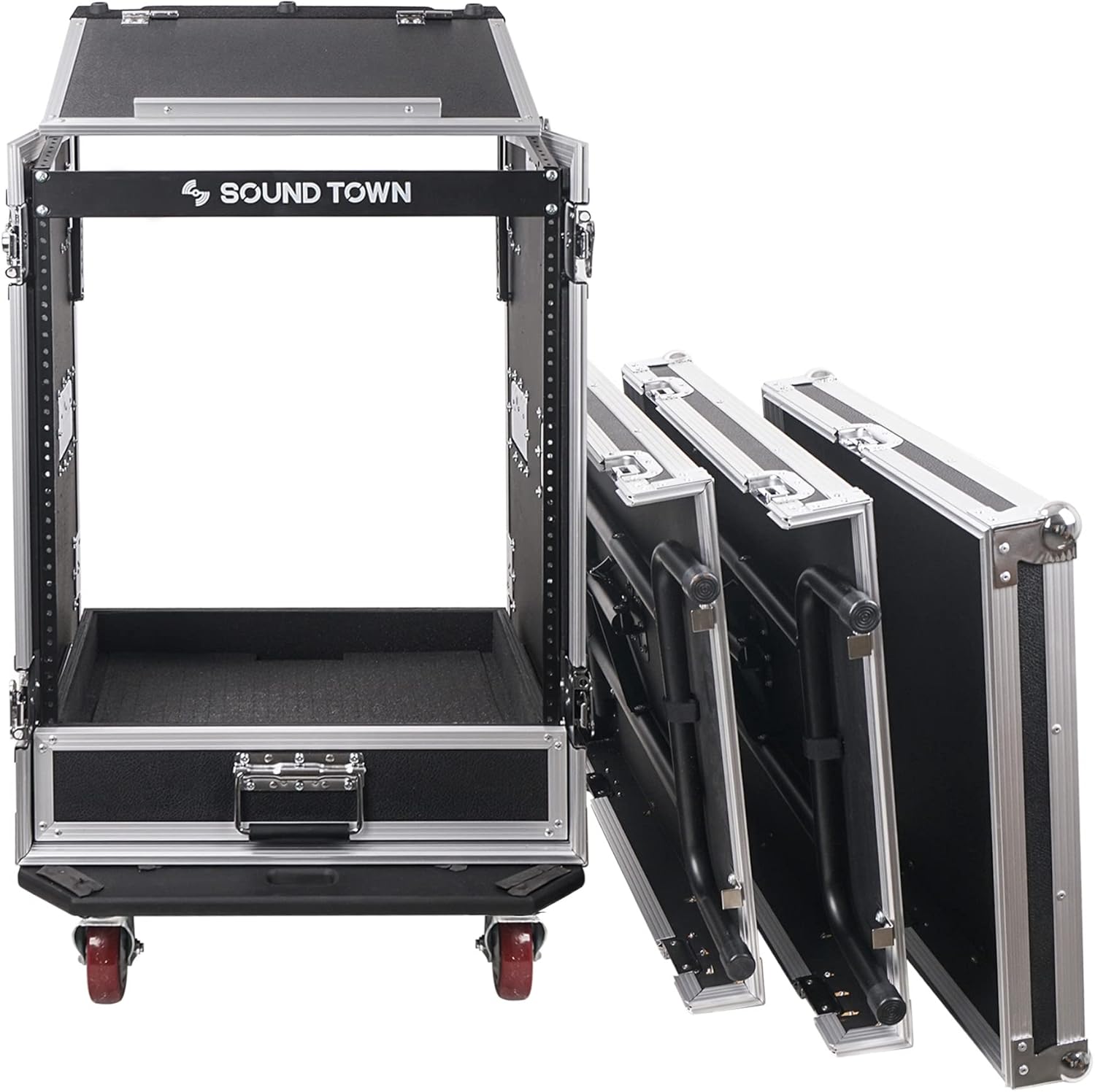 Sound Town 14U PA DJ Pro Audio Rack/Road ATA Case with 2U Drawer, 11U Slant Mixer Top, Two DJ Work Tables, Casters, Pro Tour Grade (MR-DR14UT2)