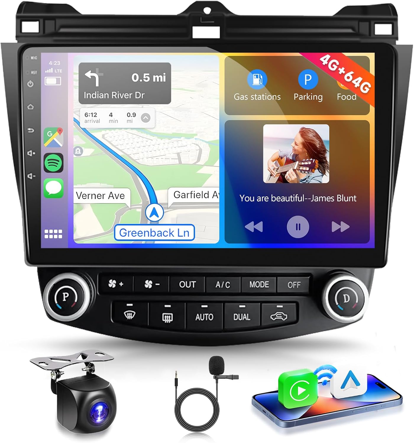 4G 64G DSP 32EQ Car Stereo for Honda Accord 7th 2003-2007 Radio Wireless Carplay Android Auto,10.1inch 1280x720P IPS Touch Screen,5.0Bluetooth,Android 13,RDS/FM Radio AHD Backup Camera GPS WiFi