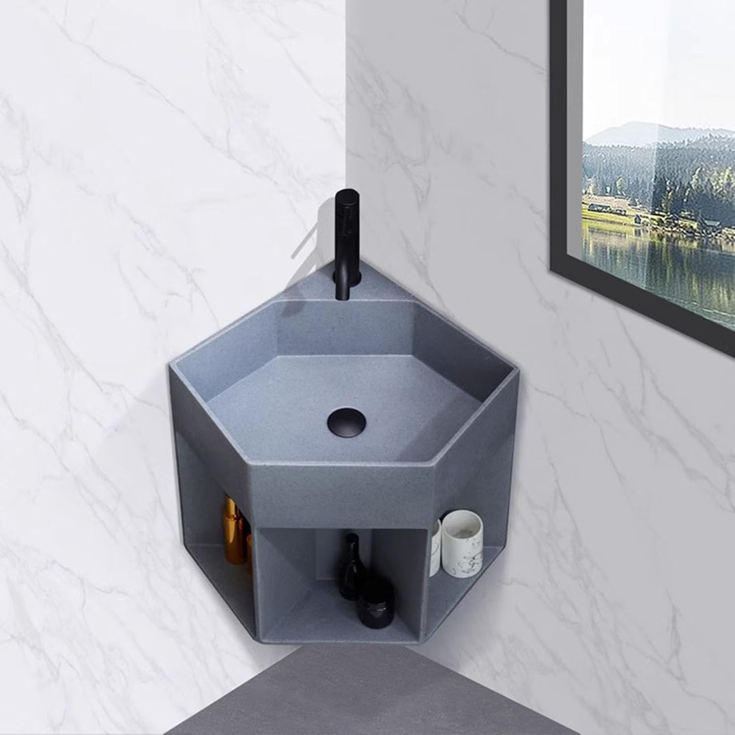 Bathroom Sink Corner, Corner Wall Mount Multifunctional Practical Ceramic Sink for Bathroom, Laundry Room, Living Room, Balcony,Grey