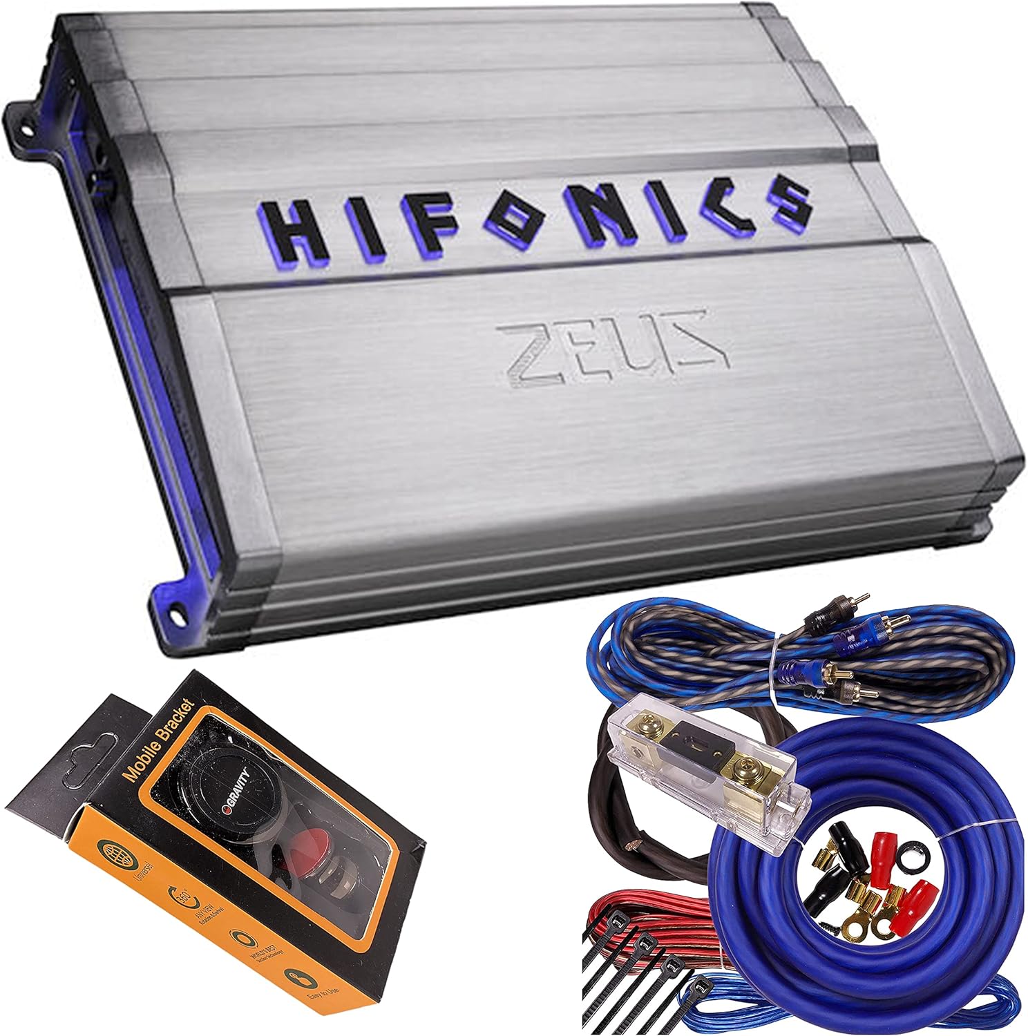 Hifonics ZG-1800.1D Zeus Gamma 1 Channel Super D Class 1800 Watt Car Audio Sound System Subwoofer Speaker Amp Amplifier with Gravity Magnet Phone Holder and 4 Gauge Kit Blue Bundle