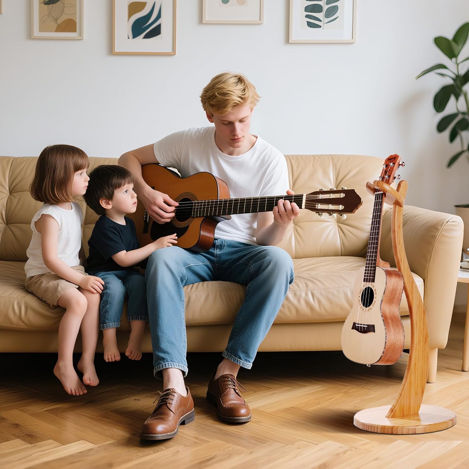 Wooden Guitar Stand - Acoustic Electric Guitar Holder Bamboo, Portable Single Guitar Hanger Rack for Banjo Bass Ukulele Guitar Player Accessories Home Studio Music Instrument Display
