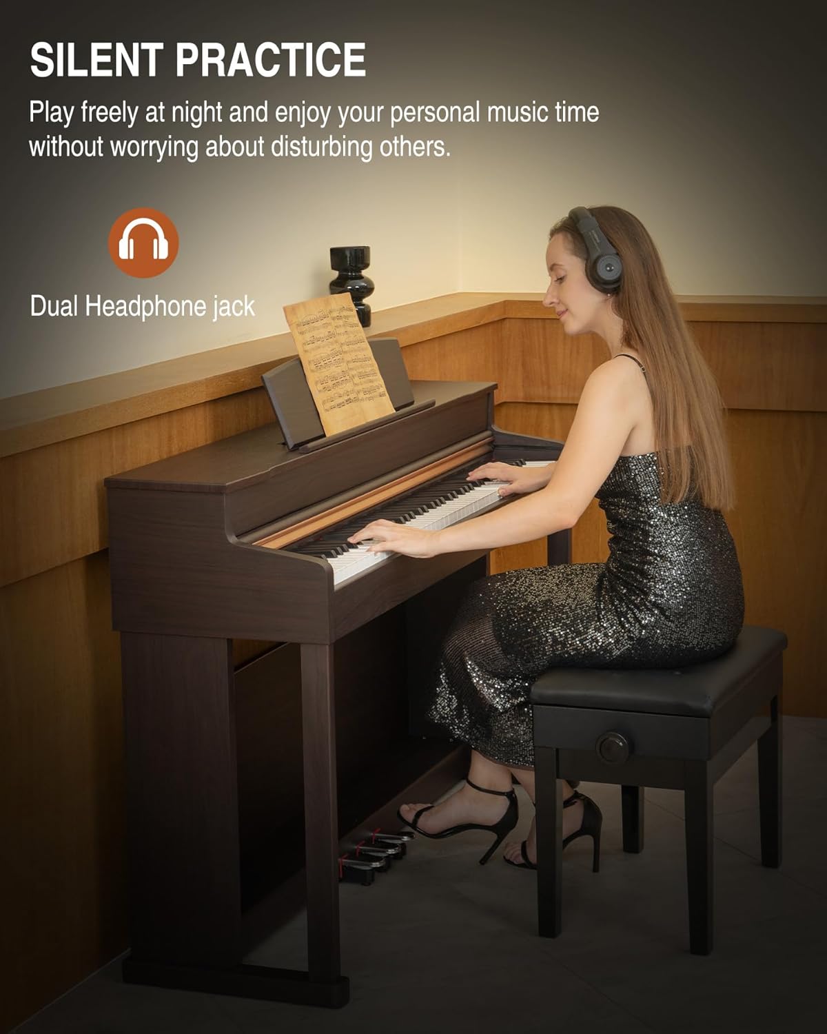 UMP-200 88 Key Weighted Action Digital Piano - with Furniture Cabinet Stand, Power Adapter，Triple Pedals，MP3 Function - Rosewood Vintage Style for Home Decoration