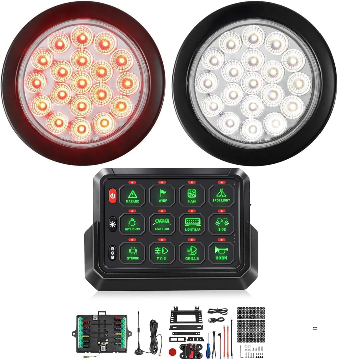 Partsam Round White Red Tail Lights+Wireless RGB 12 Gang Switch Panel
