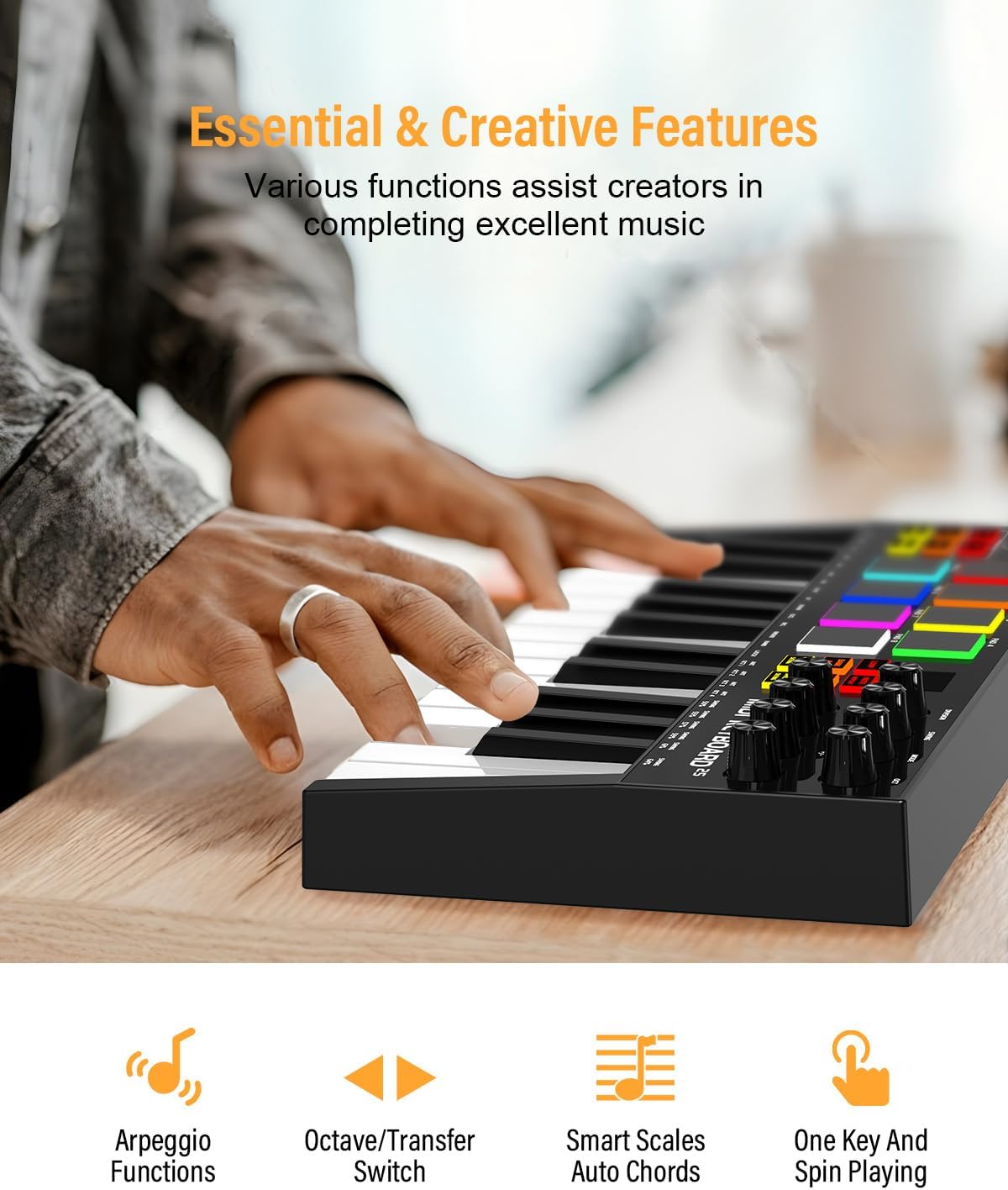 MIDI Keyboard Controller, 25 Key Rechargeable MIDI Keyboard with 8 Backlit Drum Pads, 8 Knobs, OLED Display, DAW Integration, MIDI Controller for Music Production