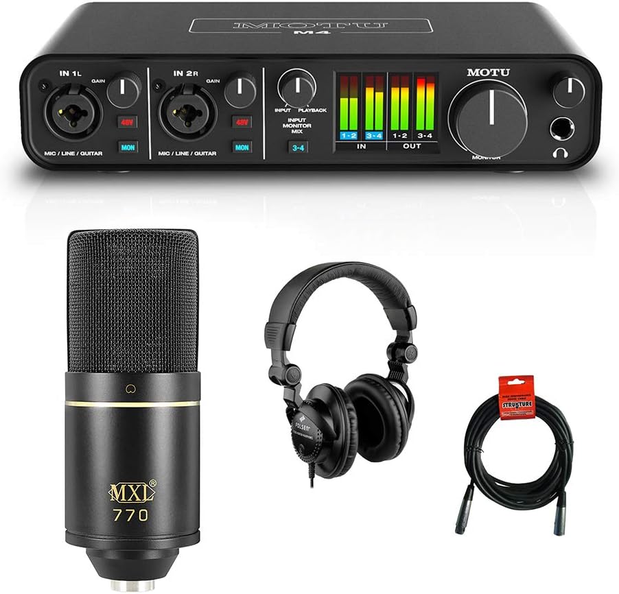Motu M4 4x4 USB Audio Interface with MXL 770 Cardioid Microphone (Black), HPC-A30 Studio Monitor Headphones & XLR Cable Bundle