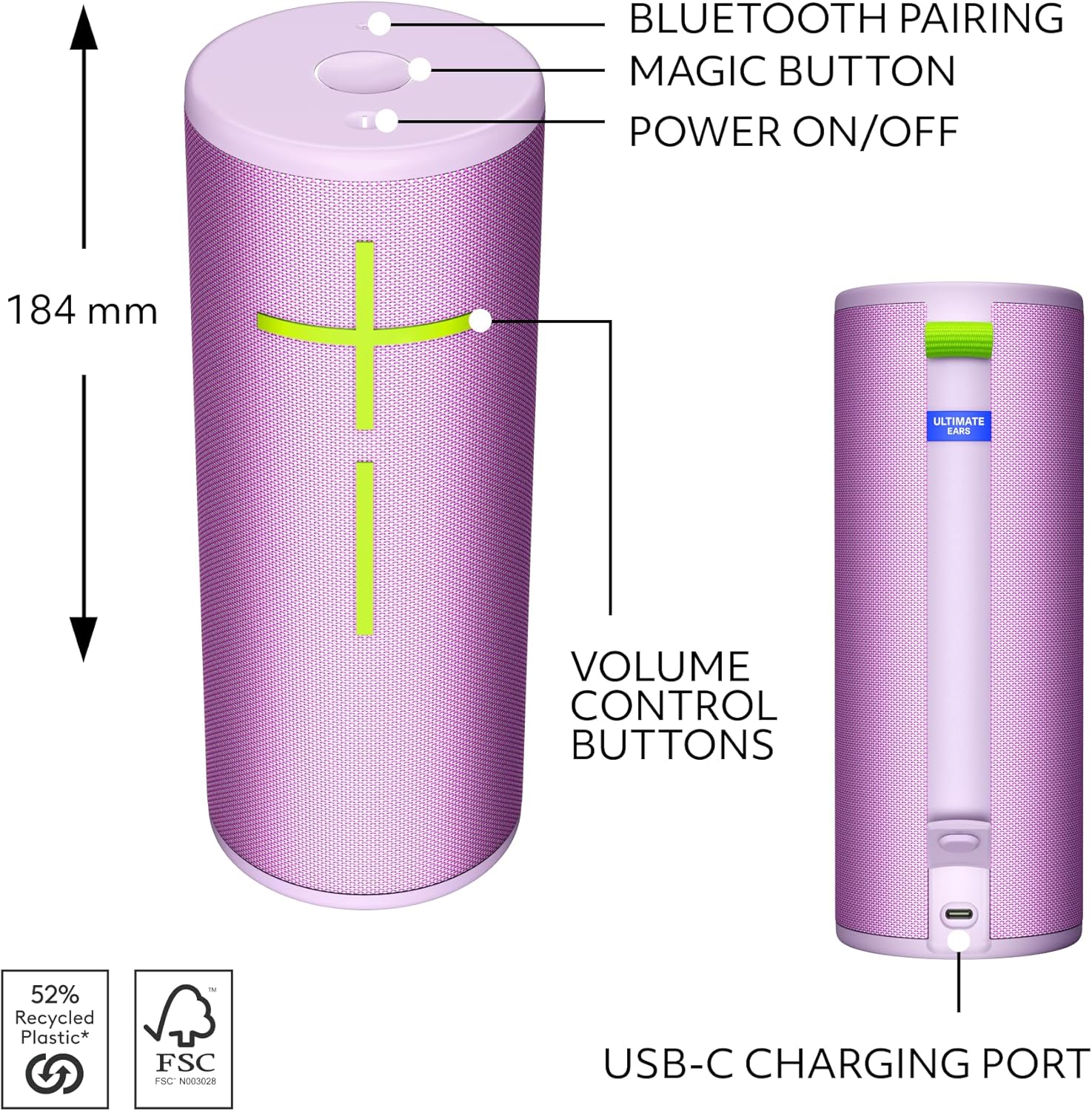 Ultimate Ears Boom 4 Portable Waterproof Bluetooth Speaker with 360-Degree Immersive Sound, Outdoor Floating Speaker, 15-Hour Battery, 147ft Range - Lilac
