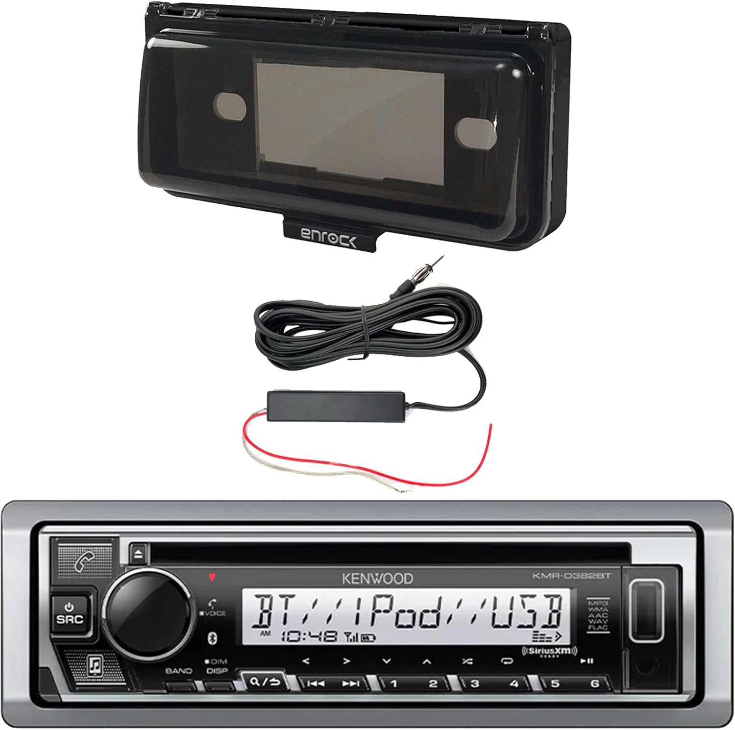 Kenwood Single DIN in-Dash Marine Bluetooth Stereo USB AUX CD Player Receiver Bundle Combo with Enrock Marine Dash Kit Protector Radio Cover, Enrock 12 Volt Amp Booster Kit