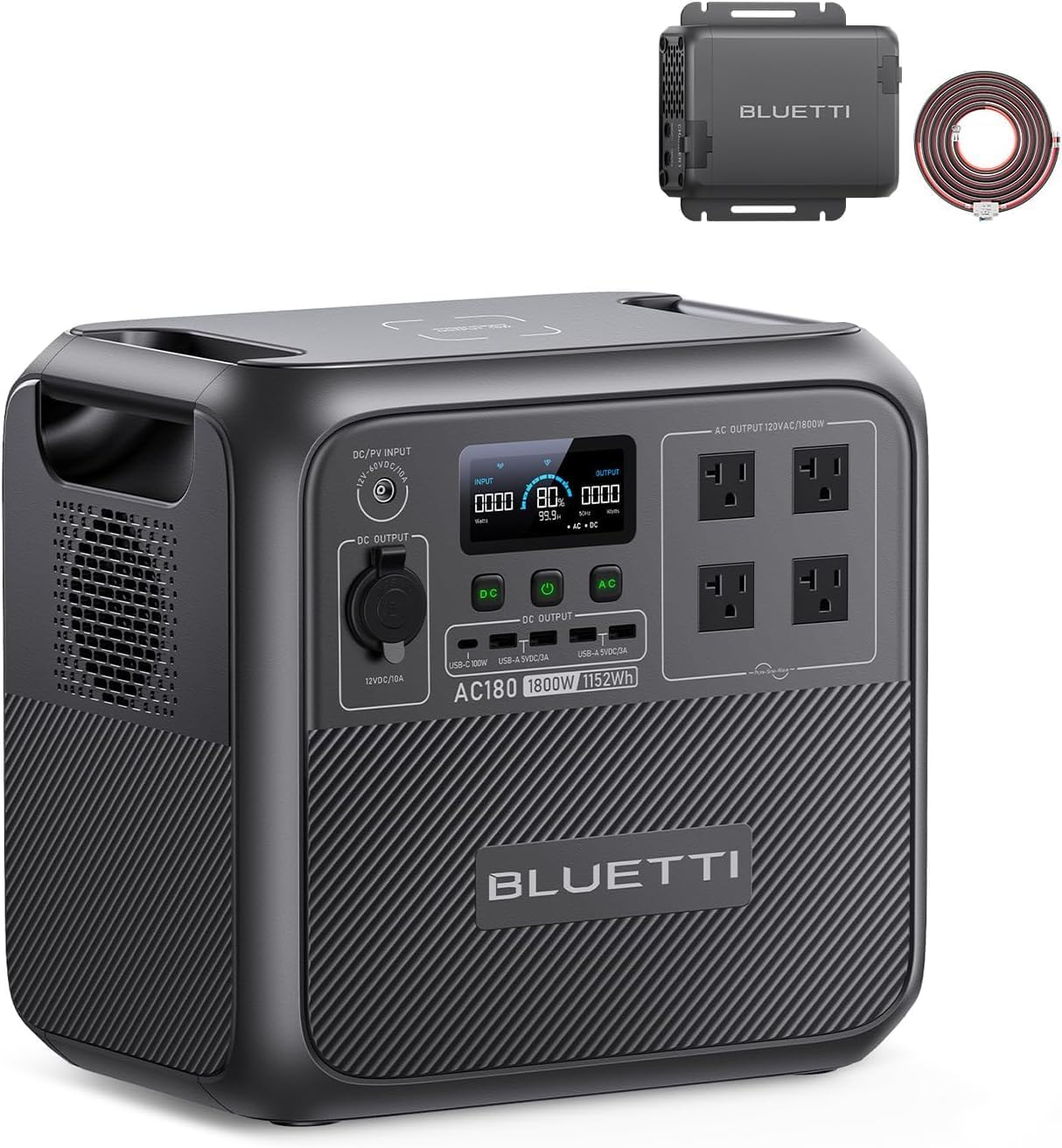 BLUETTI AC180 Portable Power Station & Charger 1 (Ships Separately), 1152Wh LFP Backup, 560W DC-DC Alternator Charger for Solar Generator, 2.5H Full Charge via Car, Ideal for Road Trips, Off-grid Use