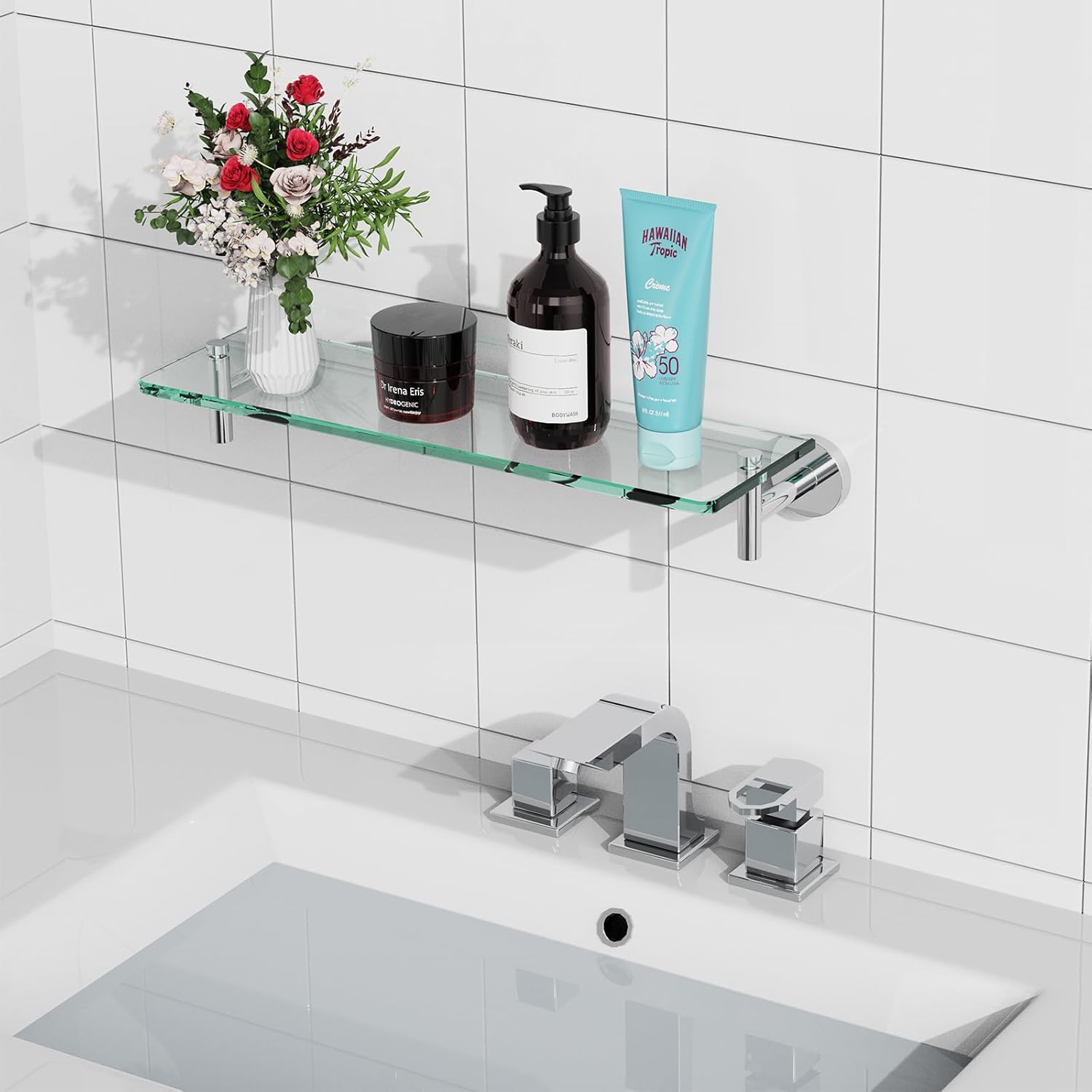 Bathroom Glass Shelf Wall Mount 2 Pack, 16-Inches Floating Glass Shelves,Glass Shelf with Towel Bar (Chrome Polished)